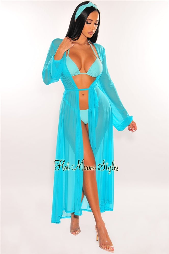 Aqua Mesh Long Sleeve Belted Maxi Cover Up Dress - Lightweight Beachwear for Women, Perfect for Swimwear Cover, Poolside, Vacation & Summer Outfits