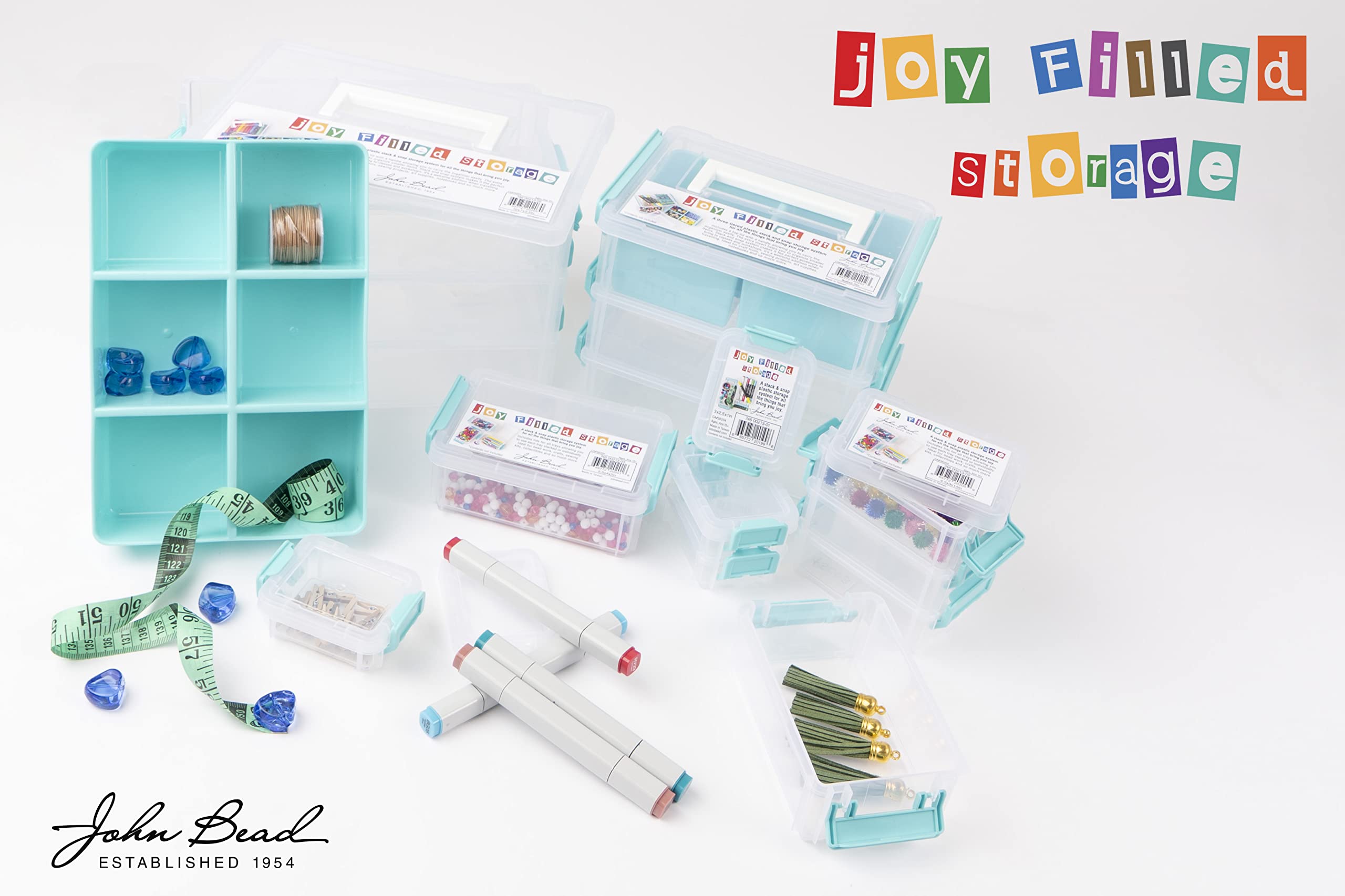 Joy Filled Storage - 2 Clear Stackable Food Storage Containers with Lids (5.5x4x2 Inches) - Turquoise Trim for Crafts, Kitchen Organization & Home Decor | Perfect for Baking Supplies, Office Desk & Craft Room Storage
