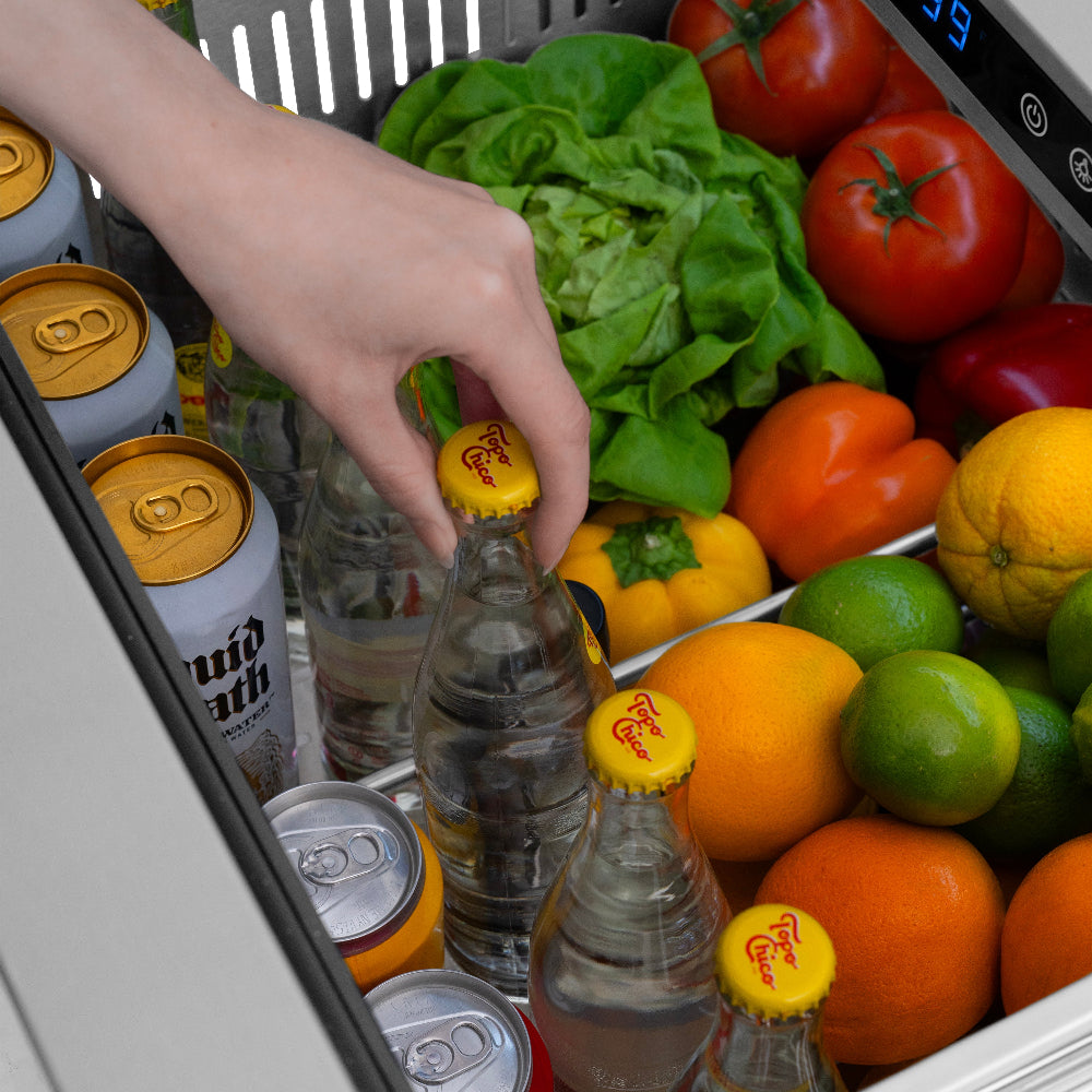 ZLINE Autograph Edition 24 Inch Stainless Steel Outdoor Refrigerator Drawer - Dual Zone 168 Can Capacity with Polished Gold Handles (RDSOZ ST 24 G) - Perfect for Outdoor Kitchens, Patios, and Entertaining Areas