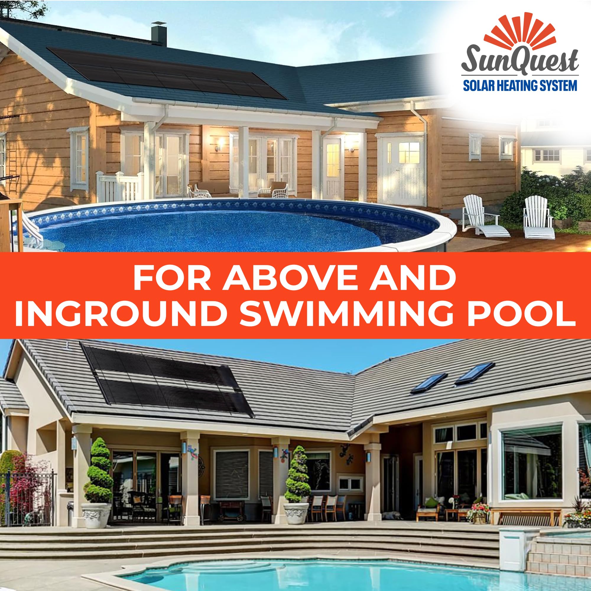 SunQuest Solar Pool Heater Panels - 2 Pack (2ft x 20ft) Solar Water Heater Collectors with Roof/Rack Kit - Energy Efficient Heating for Above Ground & Inground Pools - DIY Installation, UV Resistant Polypropylene Panels - Perfect for Backyard, Residential & Commercial Pool Heating