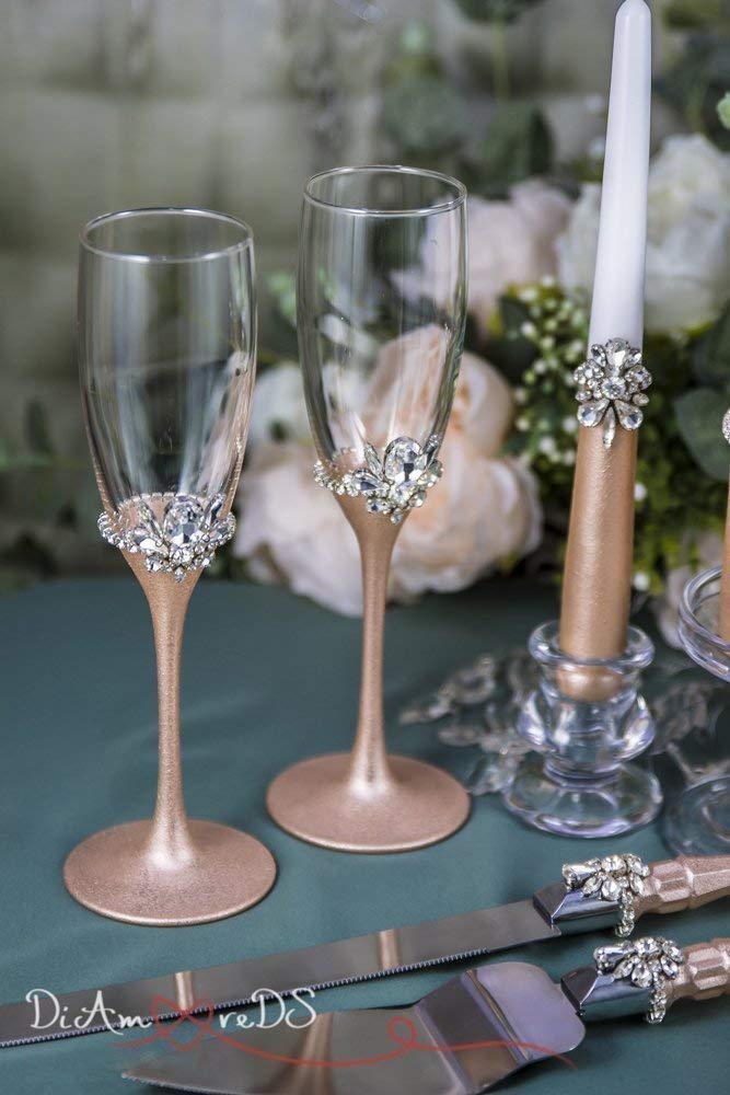 Rose Gold Wedding Set - Silver Crystal Champagne Flutes - Unity Candle Set - Cake Server & Knife (7-Piece Bridal Collection) for Wedding Ceremony, Reception & Anniversary Celebrations