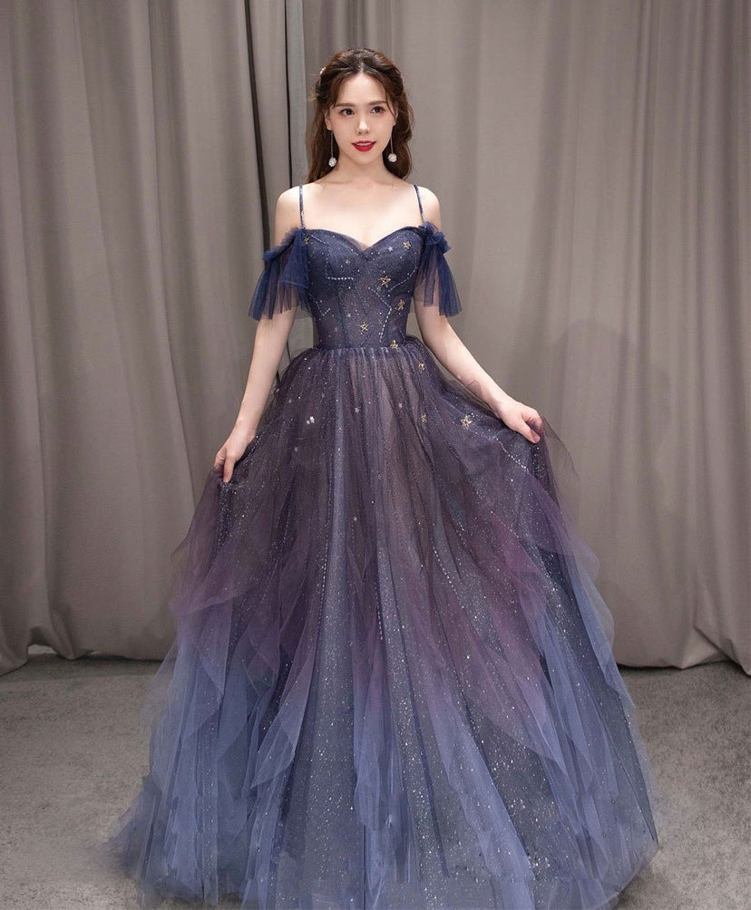 Elegant Off Shoulder Star Moon Sequins Long Prom Dress - Gradient Evening Tulle Gown for Women Size 18 | Perfect for Homecoming, Formal Dances & Special Occasions