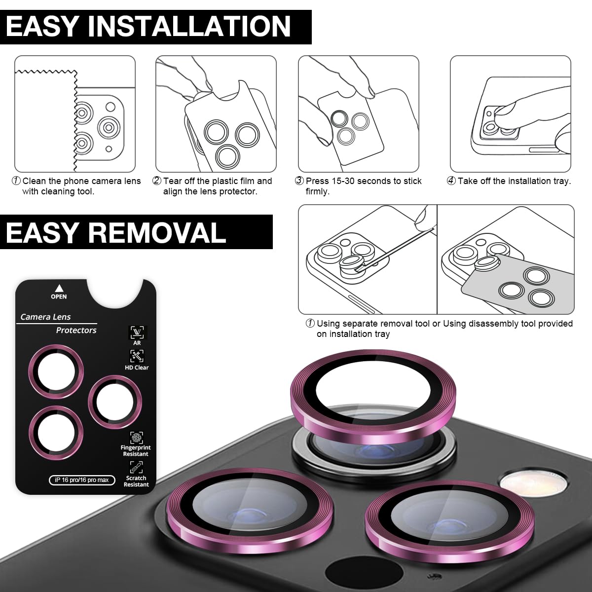 Premium Tempered Glass Camera Lens Protector for iPhone 16 Pro Max & iPhone 16 Pro - Aluminum Alloy Lens Ring Cover - Scratch & Impact Resistant - Pink | Perfect for Outdoor Photography, Travel & Daily Protection