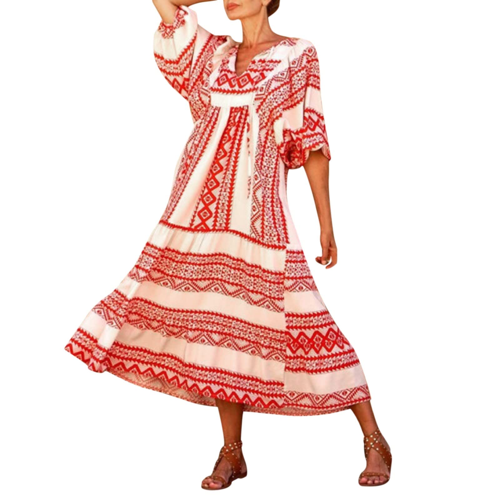 **Women's Casual Boho Print Sun Dress 2022 - V Neck Half Sleeve Loose Flowy Long Dress for Summer, Beach, Holiday & Vacation (Wine Red, Medium)**    *Perfect for beach outings, summer vacations, casual brunches, and boho-themed events.*