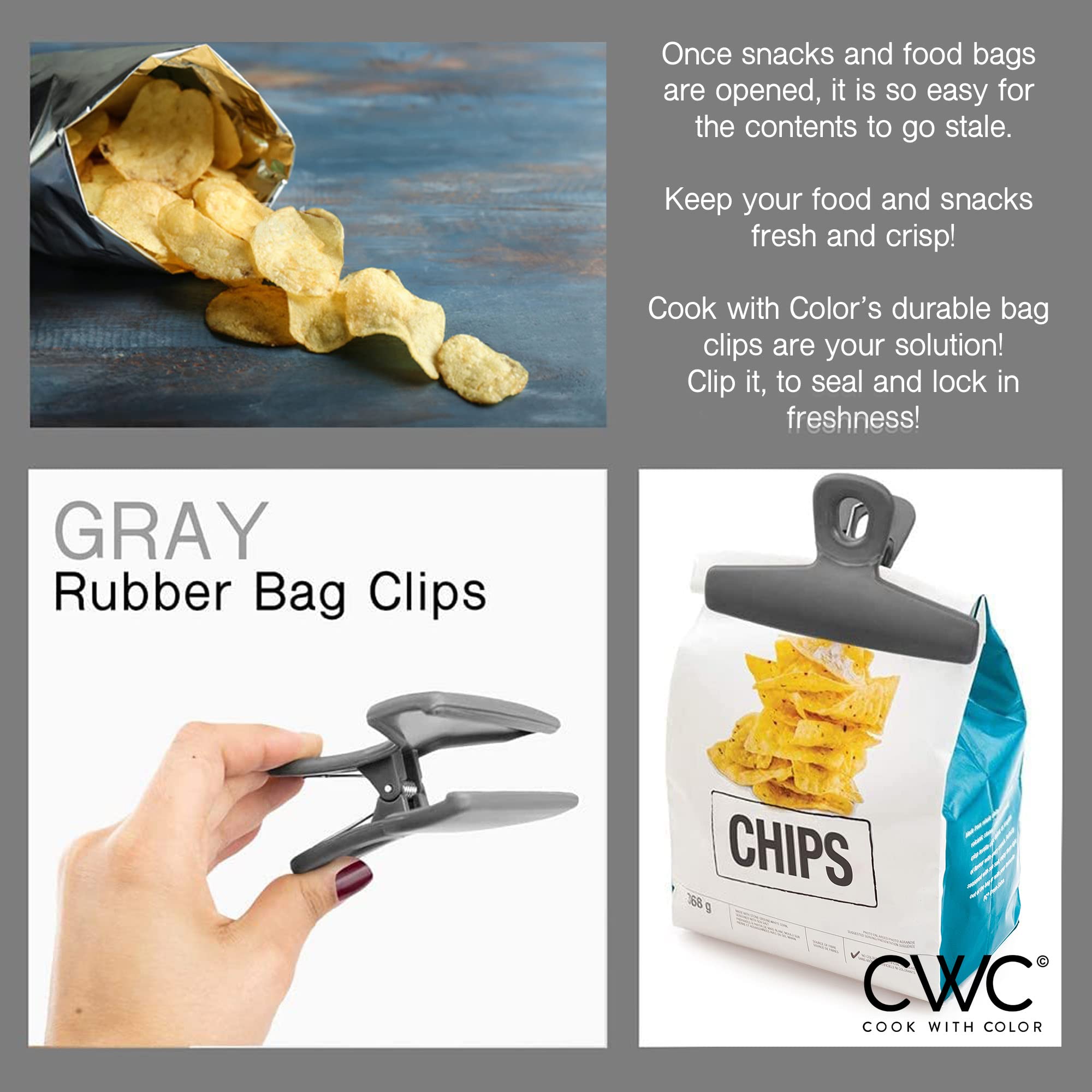 COOK WITH COLOR Heavy Duty Food Clips - 4 Pack Large Bag Clips for Food Storage with Airtight Seal, Grey | Perfect for Chips, Cereal, Snacks & Bulk Food Organization