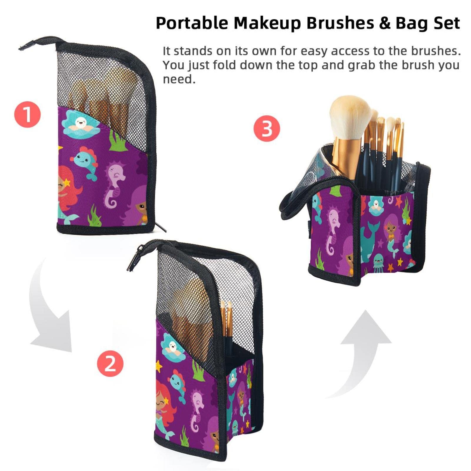 12-Piece Makeup Brush Organizer Bag with Dolphin, Jellyfish, Crab & Mermaid Designs - Portable Cosmetic Brush Holder Case for Travel, Home & Professional Makeup Artists