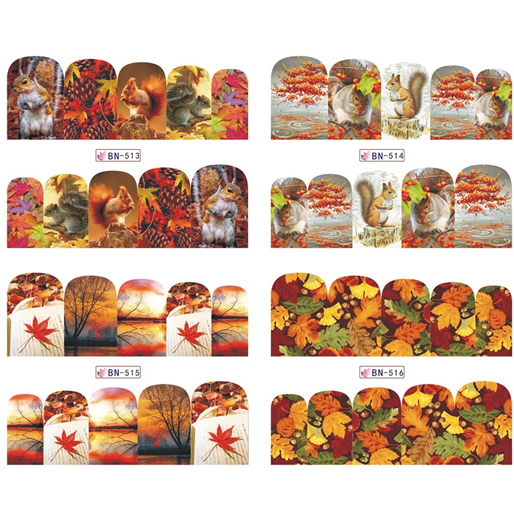 Thanksgiving Nail Stickers - 12 Fall Nail Art Designs with Squirrel & Maple Leaf Patterns | DIY Water Transfer Nail Decals for Women, Girls & Kids | Perfect for Thanksgiving Decorations, Holiday Parties & Seasonal Nail Art