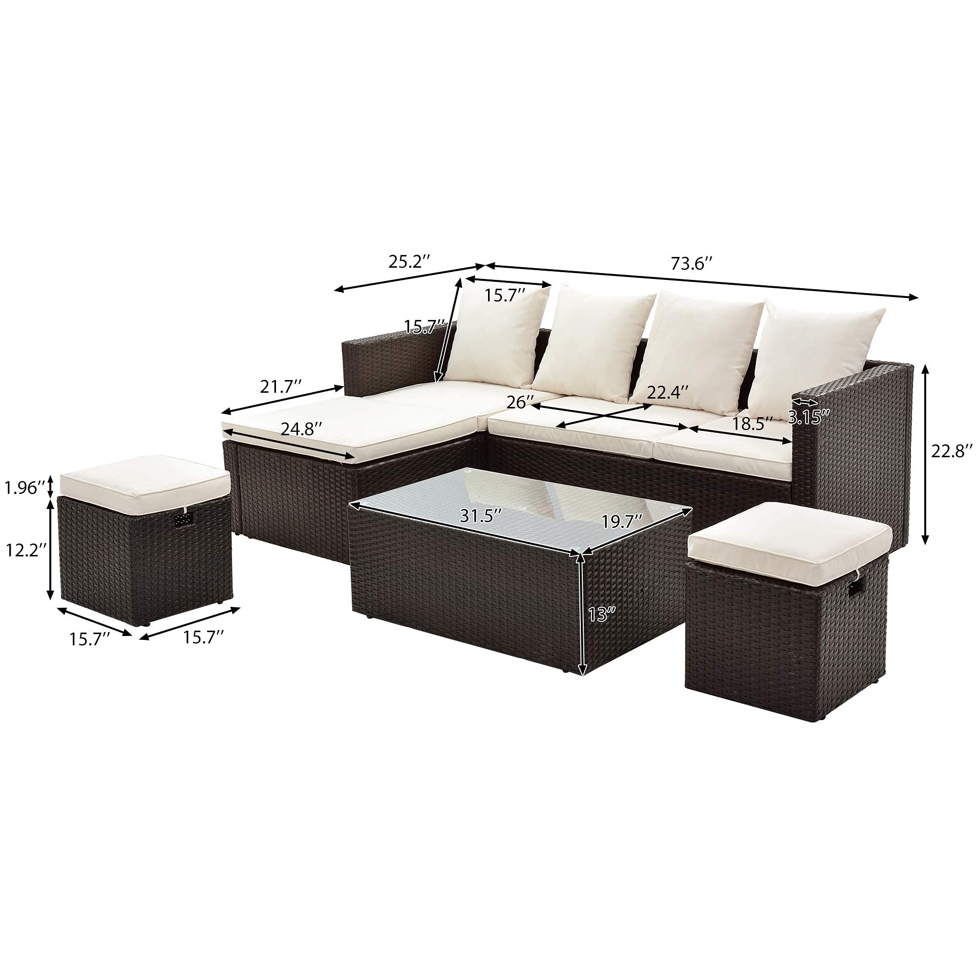 Beacon Pet 5-Piece All-Weather PE Wicker Patio Furniture Set - Adjustable Rattan Chaise Lounge with Tempered Glass Coffee Table & Removable Cushions (Beige/Brown) - Perfect for Outdoor Garden, Poolside & Backyard Relaxation
