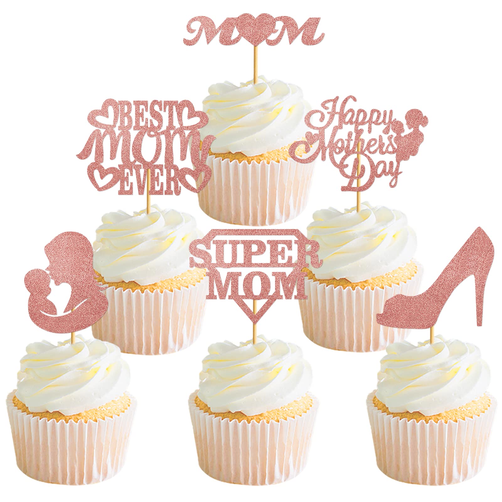 24-Piece Rose Gold Happy Mother's Day Cupcake Toppers - Elegant Cake Decorations for Mom's Birthday, Baby Shower & Mother's Day Party Supplies (Floral Design)