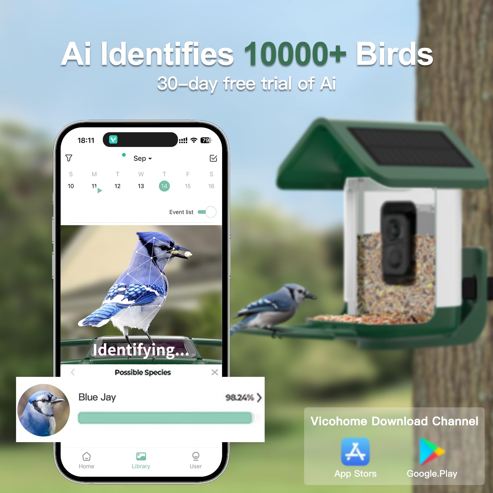 Solar Powered Smart Bird Feeder with 2K HD Camera - AI Bird Identification, Auto Capture Videos & Photos, 2.4GHz WiFi for Outdoor Backyard - Perfect Gift for Bird Lovers, Parents & Nature Enthusiasts | Enjoy Birdwatching from Home or Office