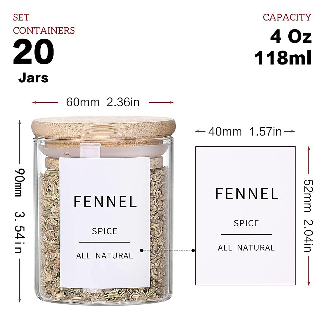 20-Pack 4oz Glass Spice Jars with Bamboo Lids - Thick 2.4mm Airtight Herb Storage Containers - Includes 131 Preprinted Waterproof Minimalist Labels - Perfect for Pantry Organization, Kitchen Spice Storage & DIY Seasoning Jars - Ideal for Home Chefs & Meal Prep