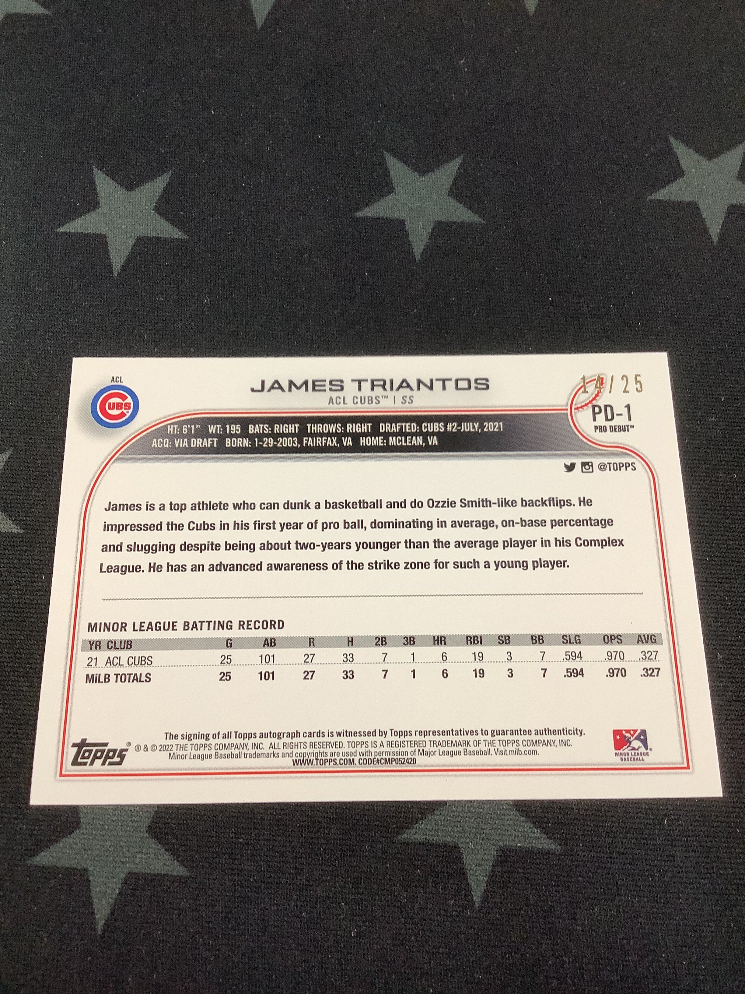 2022 Topps Pro Debut James Triantos Autographed Baseball Card #/25 - Rare Collectible for MLB Fans & Sports Memorabilia Enthusiasts - Perfect for Display, Trading, or Investment