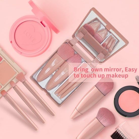 KS ENTERPRISE - 5PCS Mini Travel Makeup Brush Set with Mirror | Portable Cosmetic Brush Kit for Foundation, Concealer, Powder, Eyebrow & Eyeshadow | Perfect for On-the-Go Touchups, Travel Makeup Bag & Daily Beauty Routine