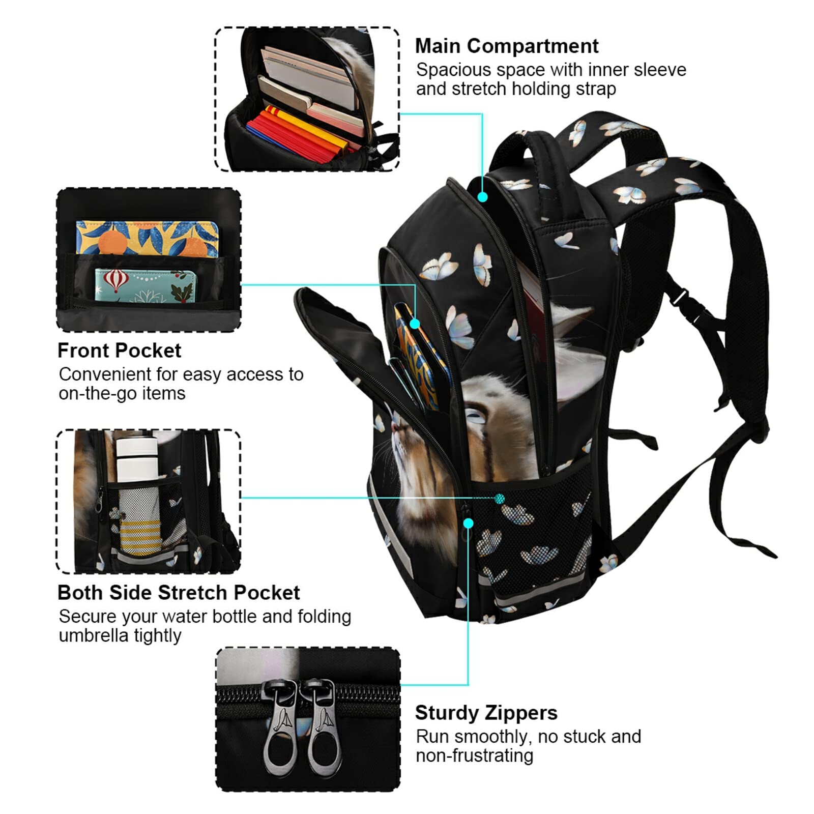 ALAZA Cute Kitty Cat with Butterfly Backpack - Lightweight Travel Laptop Daypack for School, Work & College | Perfect Unisex Book Bag for Men & Women | Ideal for Commuting, Campus & Daily Use