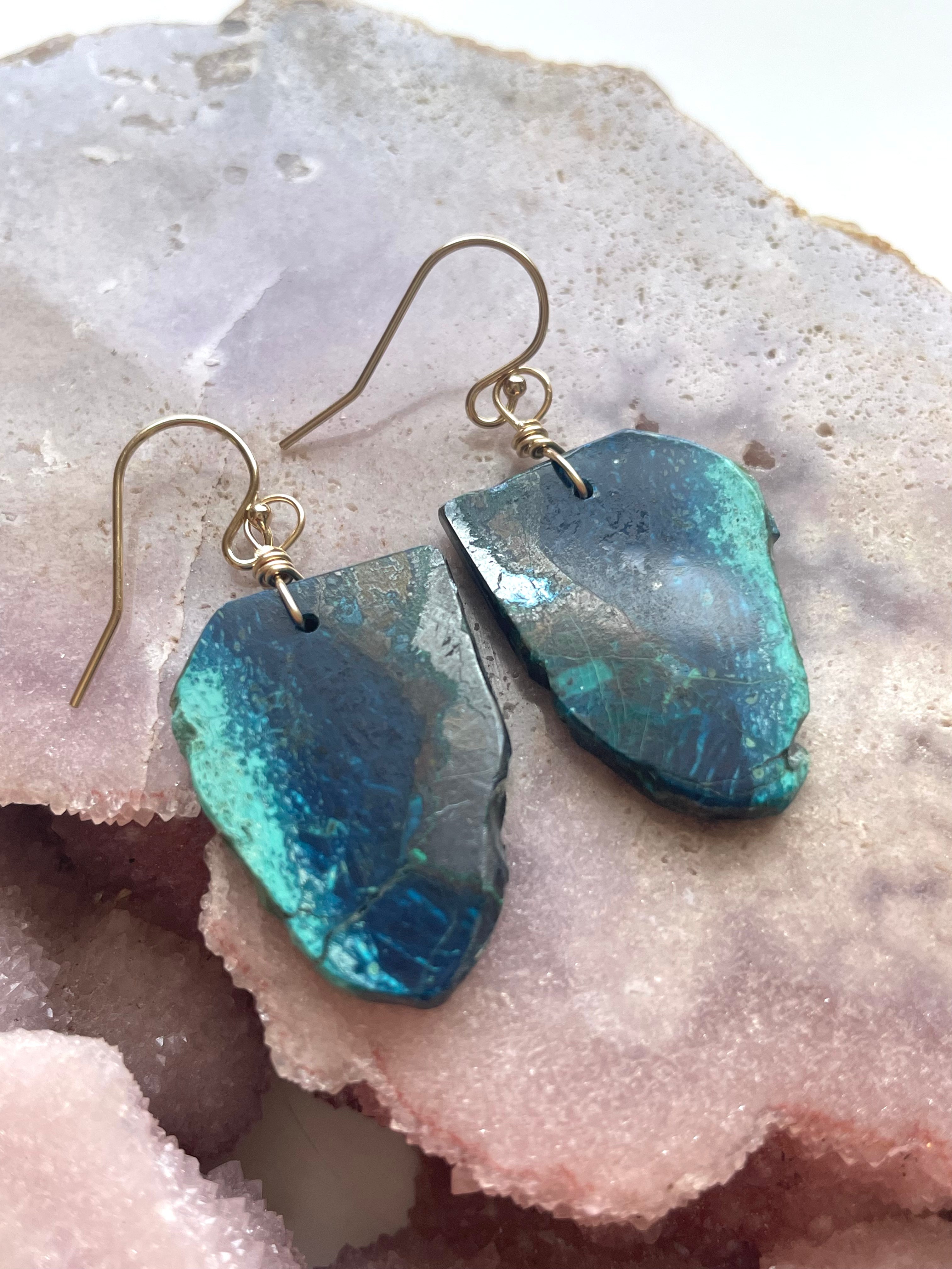 Chrysocolla Gold Filled Statement Crystal Gemstone Earrings for Women - Elegant Dangle Drop Earrings for Party, Wedding & Special Occasions