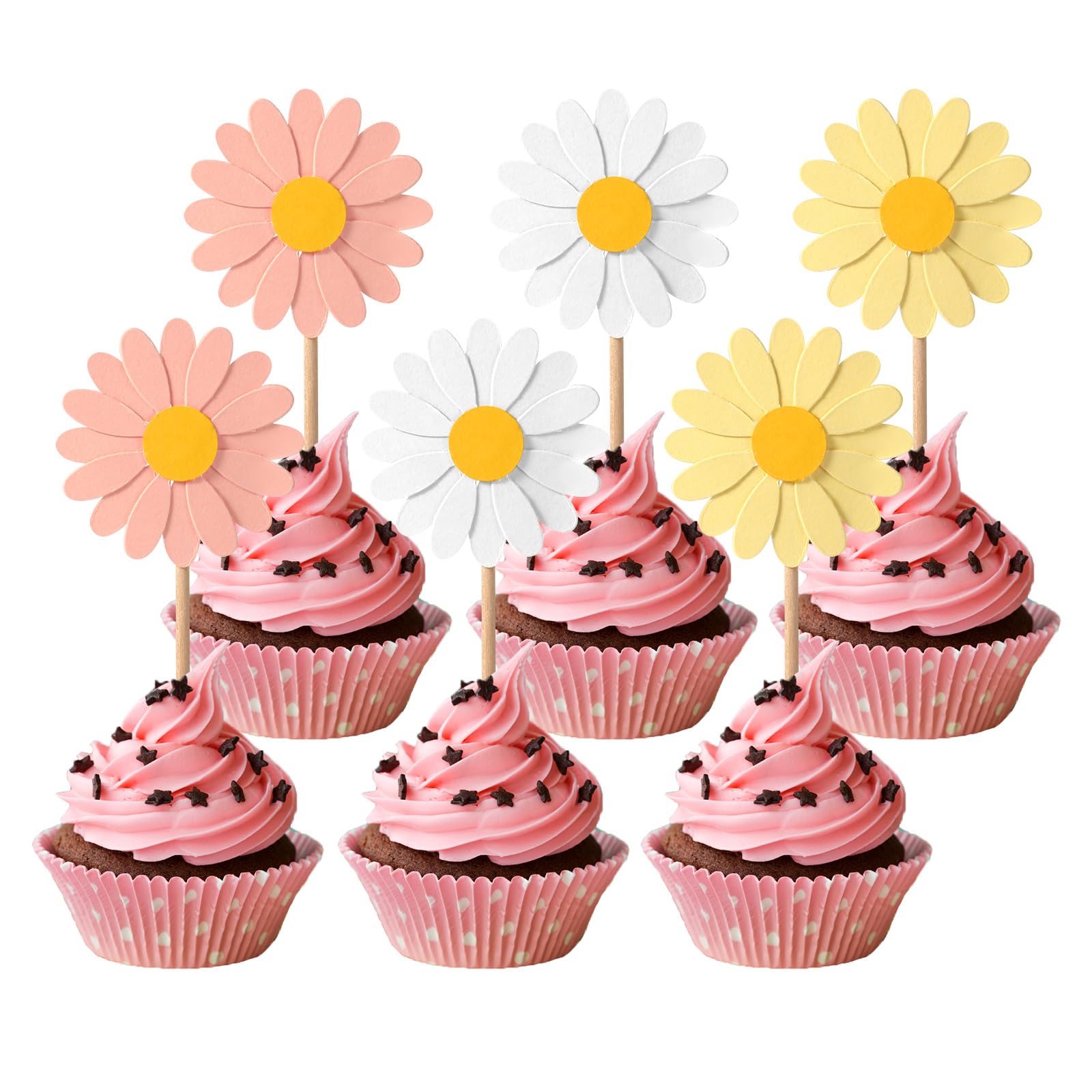 24pcs Daisy Cupcake Toppers - Premium Paper Flower Cake Decorations for Weddings, Birthdays & Parties (Pink, White, Yellow) | Elegant Cupcake Inserts & Celebration Decor for Baby Showers, Bridal Showers & Special Events