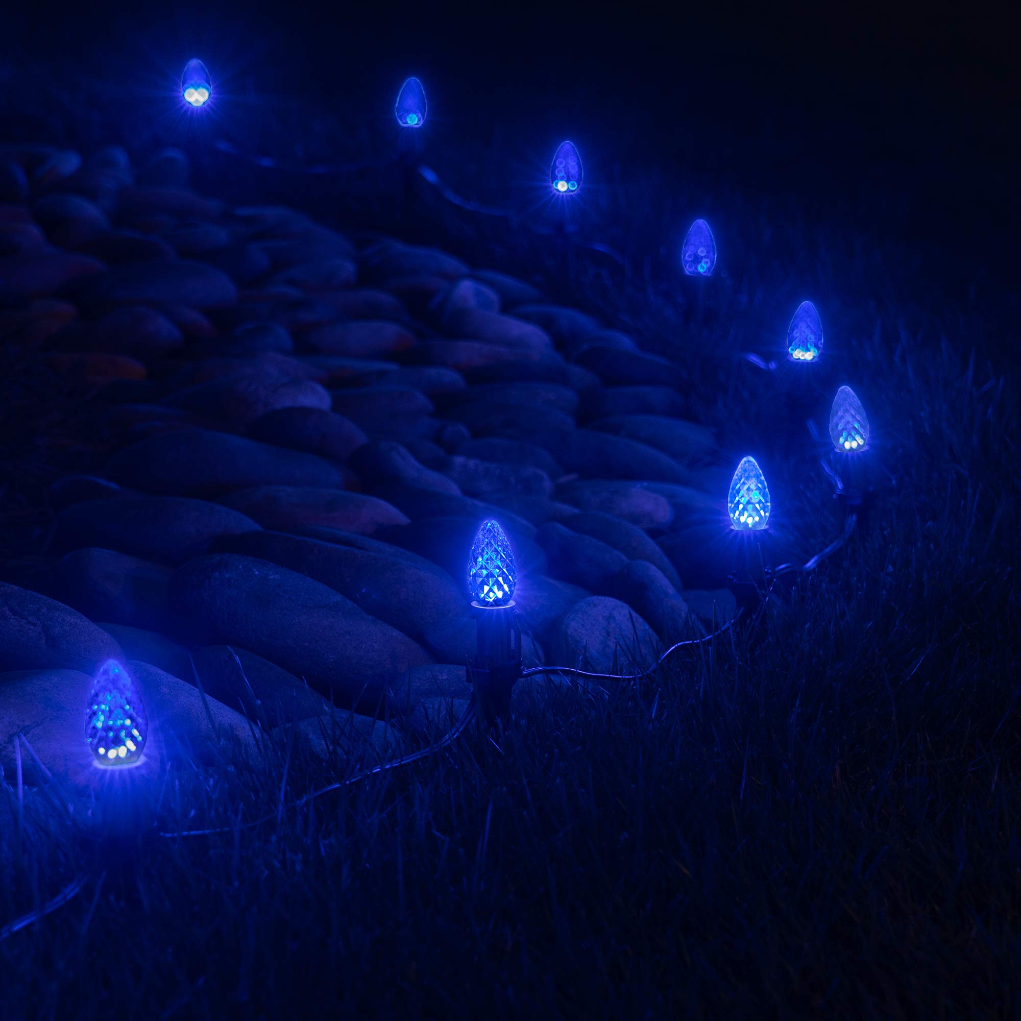 50’ OptiCore LED C7 Blue Christmas Pathway Lights - Outdoor Waterproof Landscape Lighting with 4.5” Stakes & Green Wire - Perfect for Holiday Decorations, Garden Walkways, and Patio Lighting