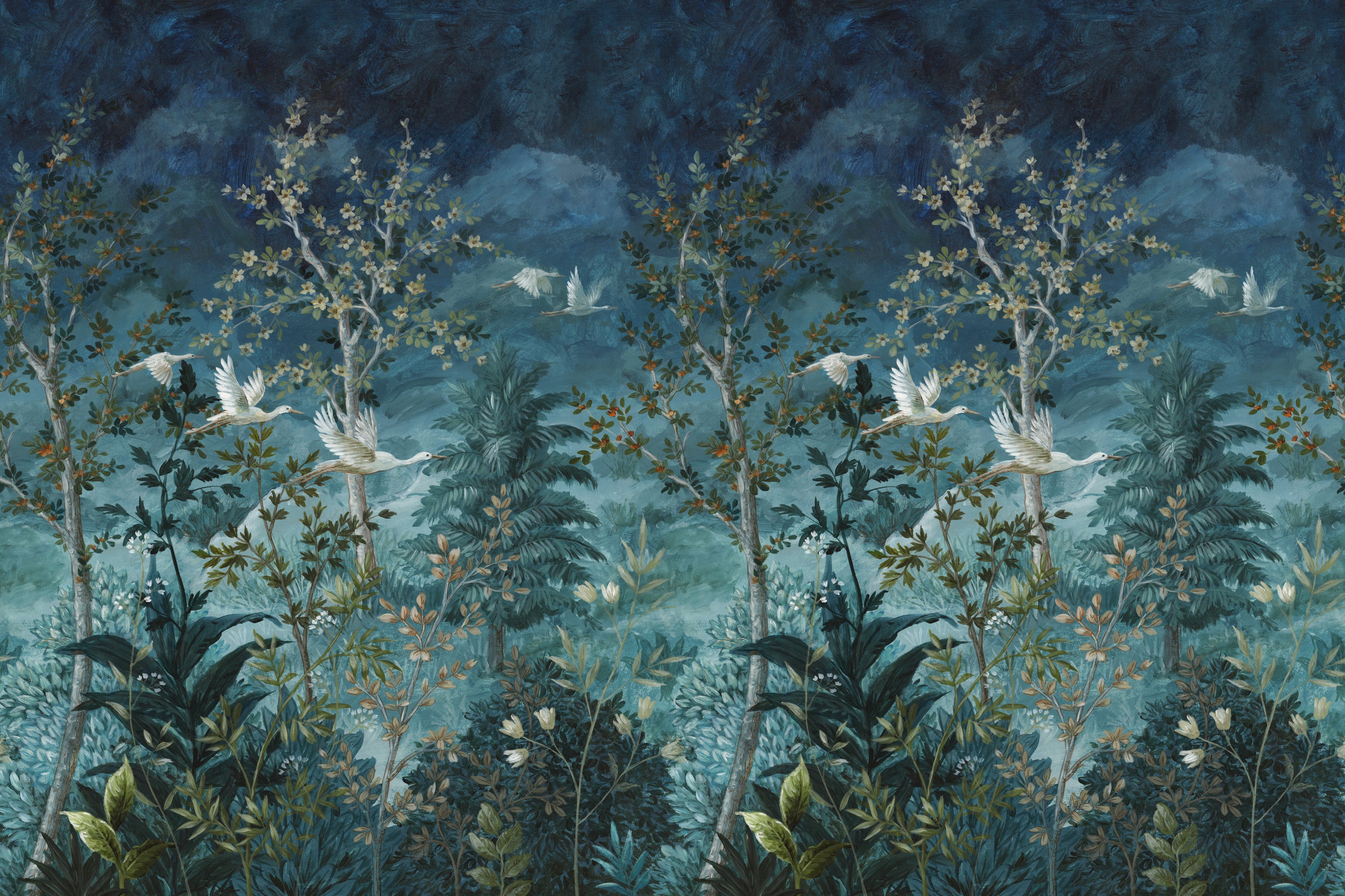 Blue Towering Trees and Midnight Sky Tropical Wallpaper RM9010 - Nature-Inspired Peel & Stick Wall Mural for Bedroom, Living Room, and Office Decor