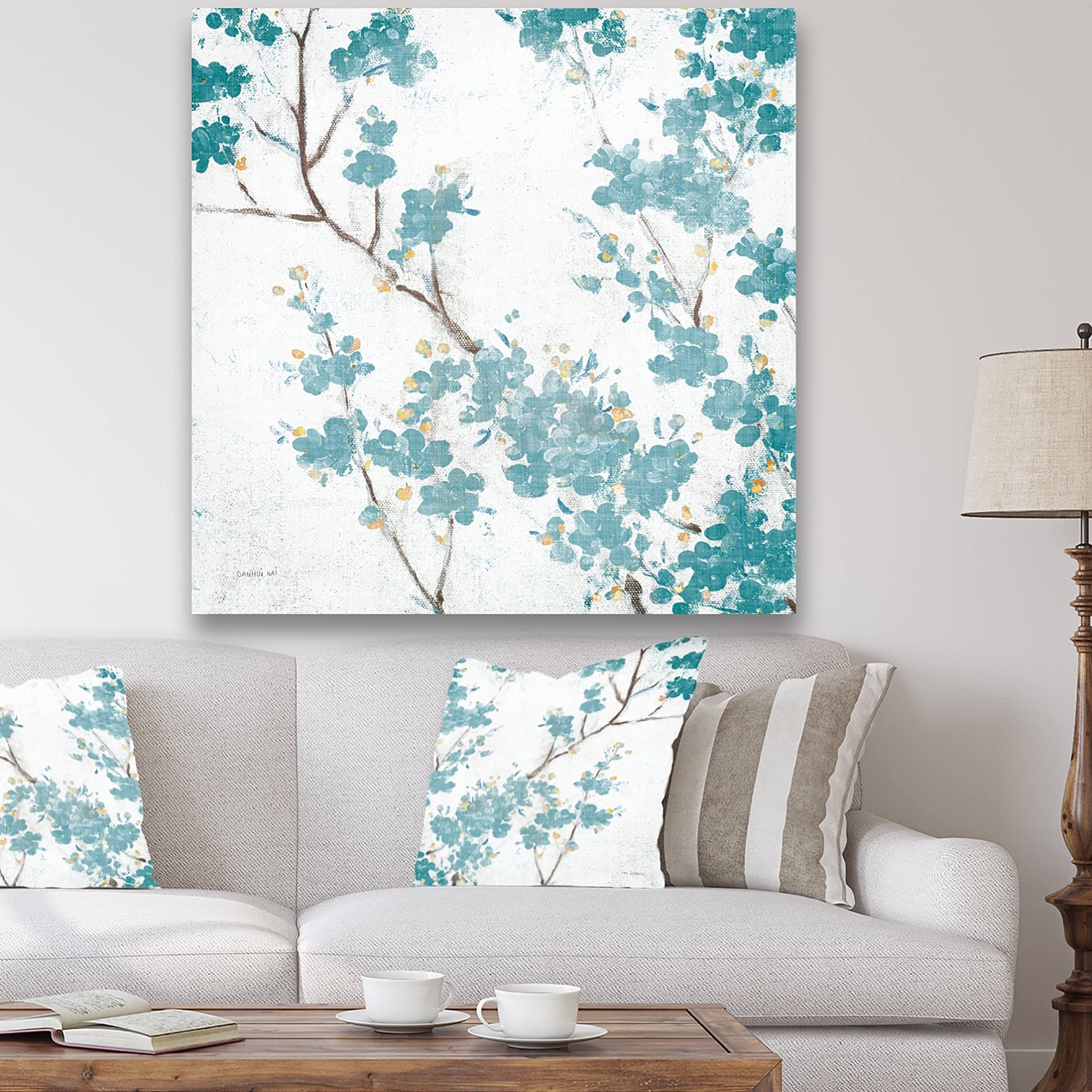 DESIGN ART 'Teal Cherry Blossoms II' Traditional Japanese Floral Canvas Wall Art - 36x36 Inches, Square Framed Painting for Living Room, Bedroom & Office Decor