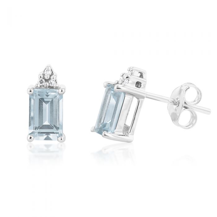 9ct White Gold Aquamarine Emerald Cut Diamond Stud Earrings - Elegant Jewelry for Women, Gift for Her, Perfect for Weddings, Anniversaries & Special Occasions