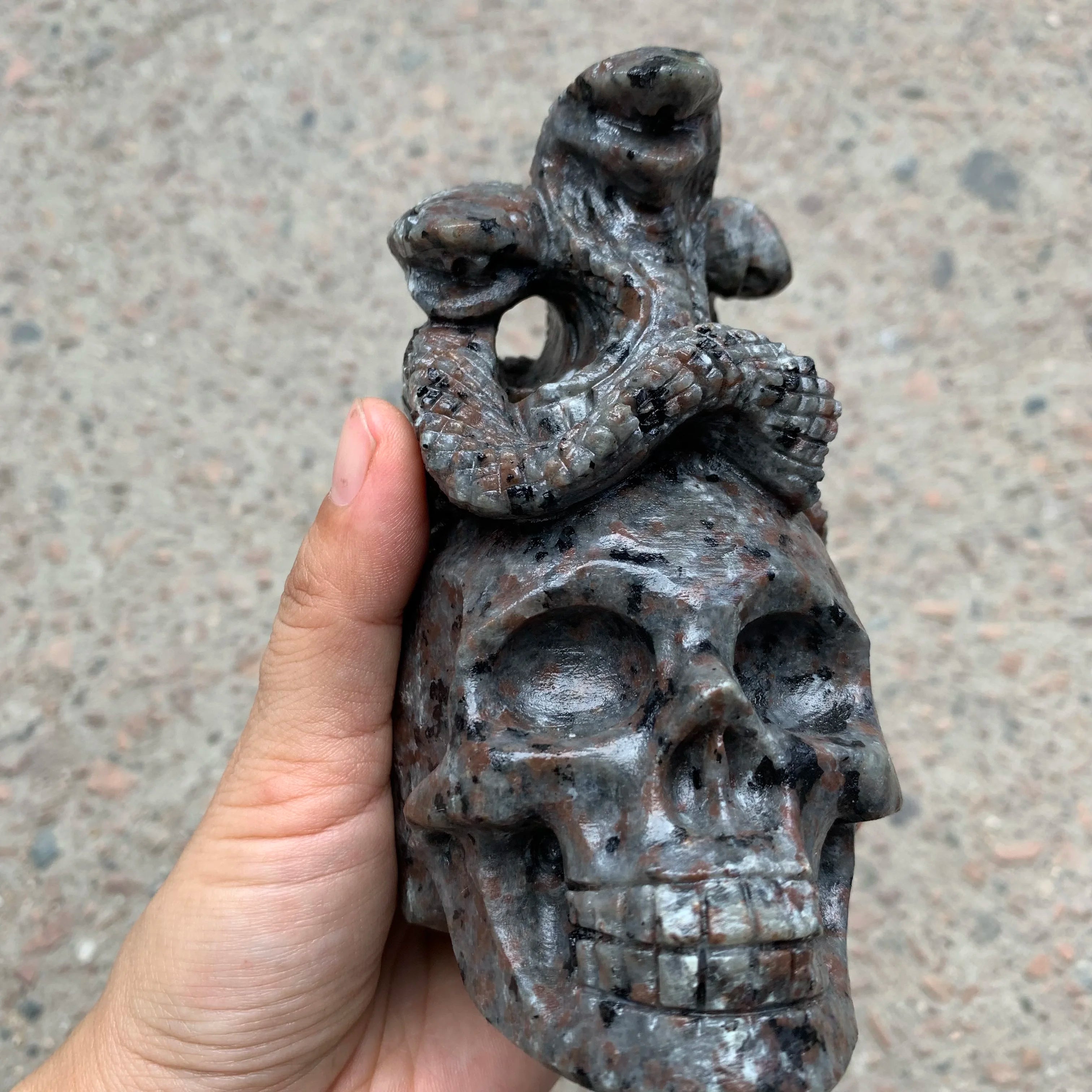 Natural Yooperlite Stone Carved Skull with Snake-Shaped Crystal - Handcrafted Statue for Home Decor, Office Display & Spiritual Healing