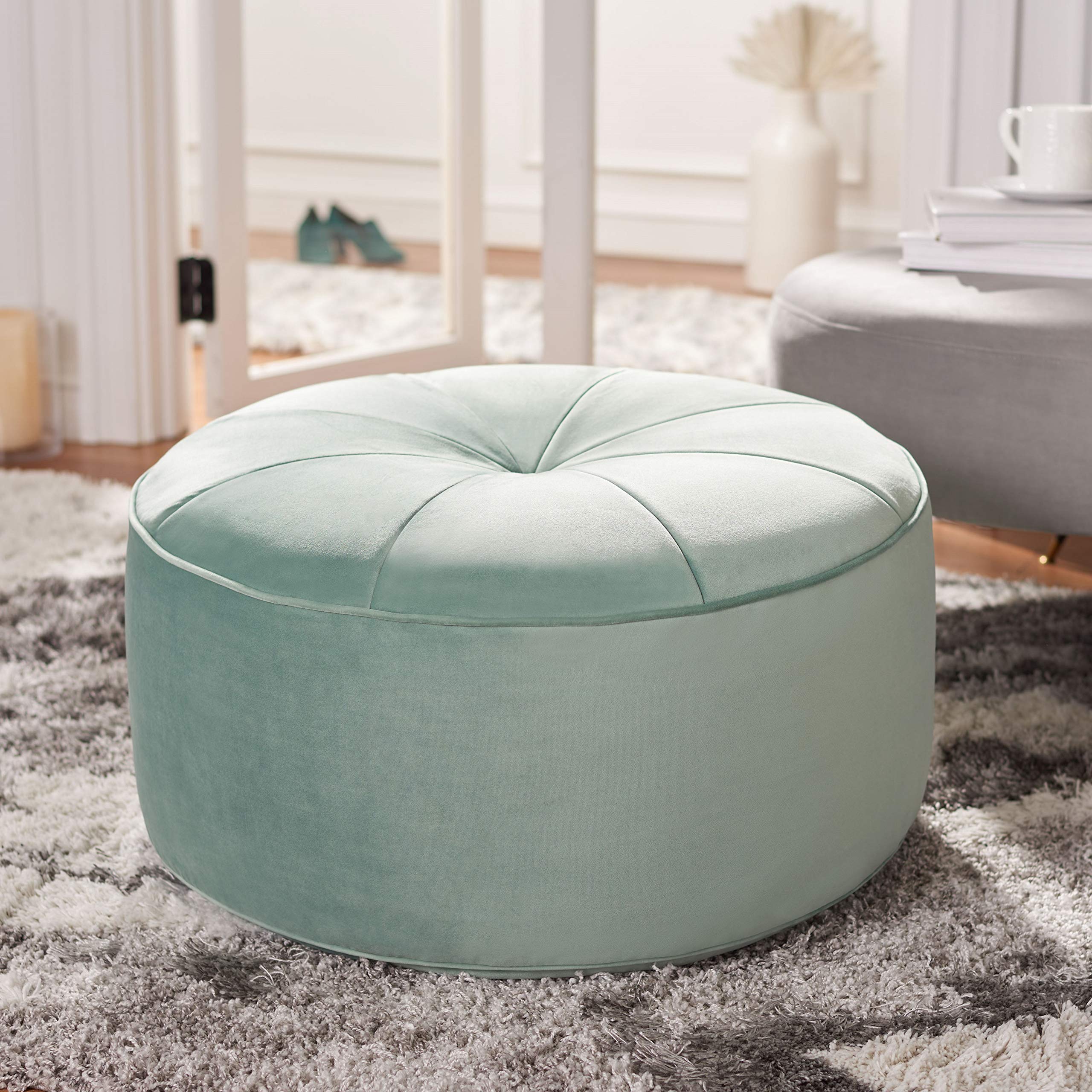 Safavieh Amais Mint Green Velvet Round Ottoman Footstool - Stylish Living Room Pouf for Home Decor, Bedroom Seating & Nursery Accent