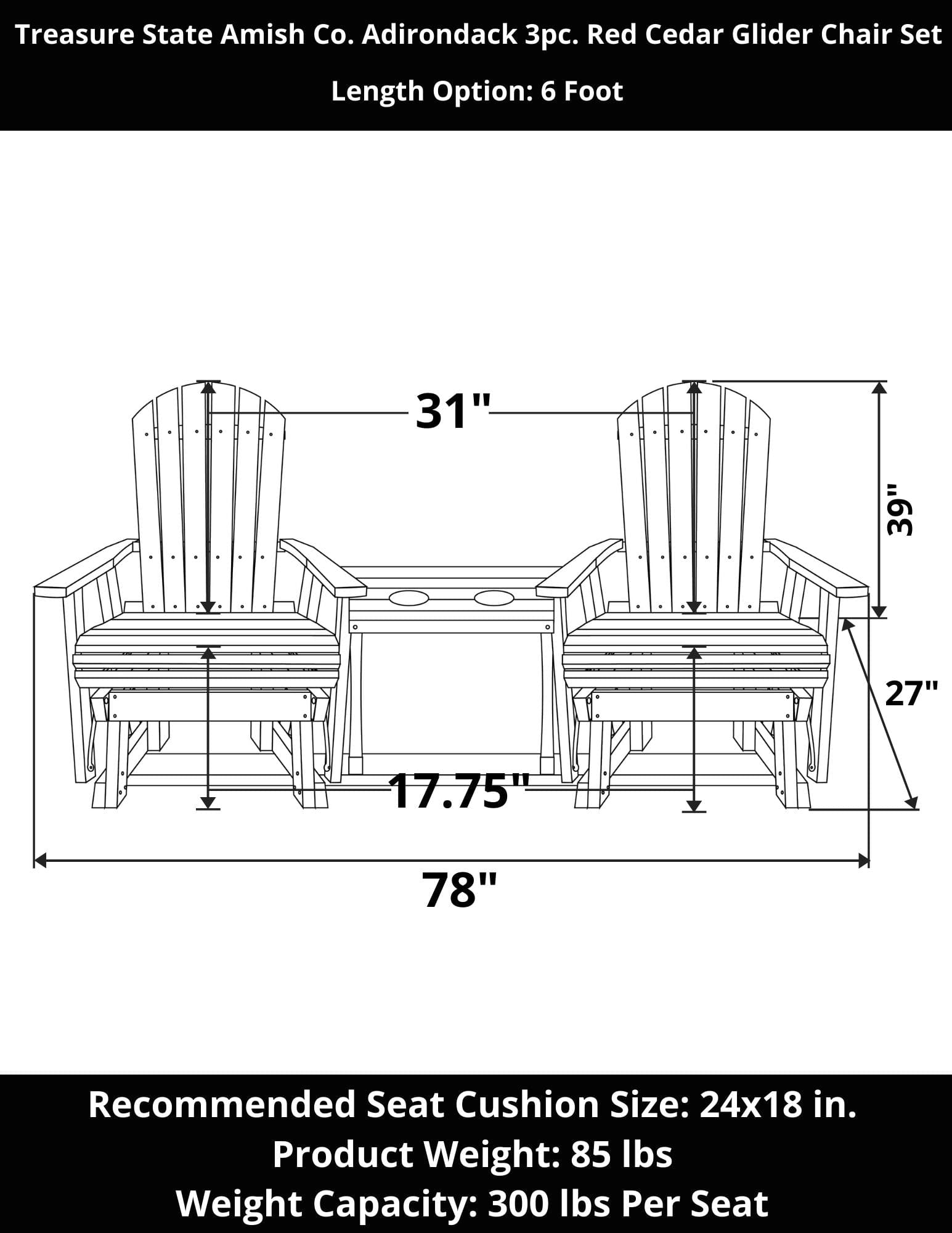 Amish-Made Red Cedar Adirondack Glider Chair Set - 3-Piece Outdoor Patio Furniture for Garden, Deck, and Porch Relaxation