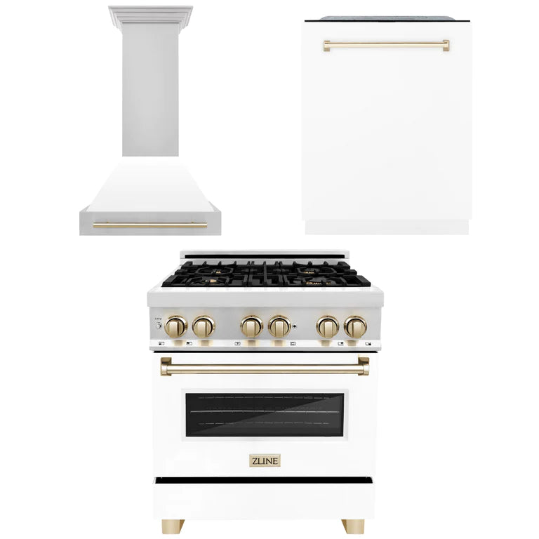 ZLINE Autograph Edition 30-inch Stainless Steel Dual Fuel Range with White Matte Door, Range Hood & Dishwasher - Professional Kitchen Package with Polished Gold Accents (3AKP RAWMRHDWM30 G) | Perfect for Modern Home Chefs & Gourmet Cooking Enthusiasts
