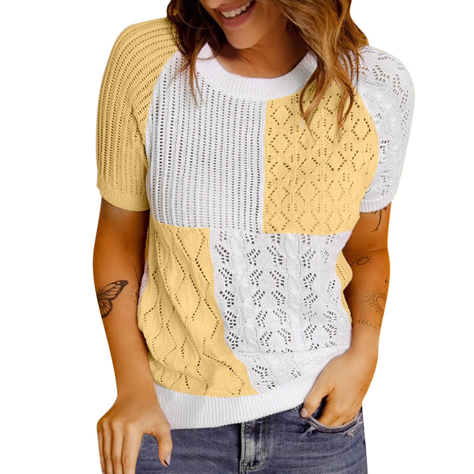 Women's Casual Loose Fit V-Neck Knit Top with Geometric Lace Embroidery & Hollow Out Design - Breathable Short Sleeve Blouse for Summer, Office Wear, and Date Night Outfits (White)