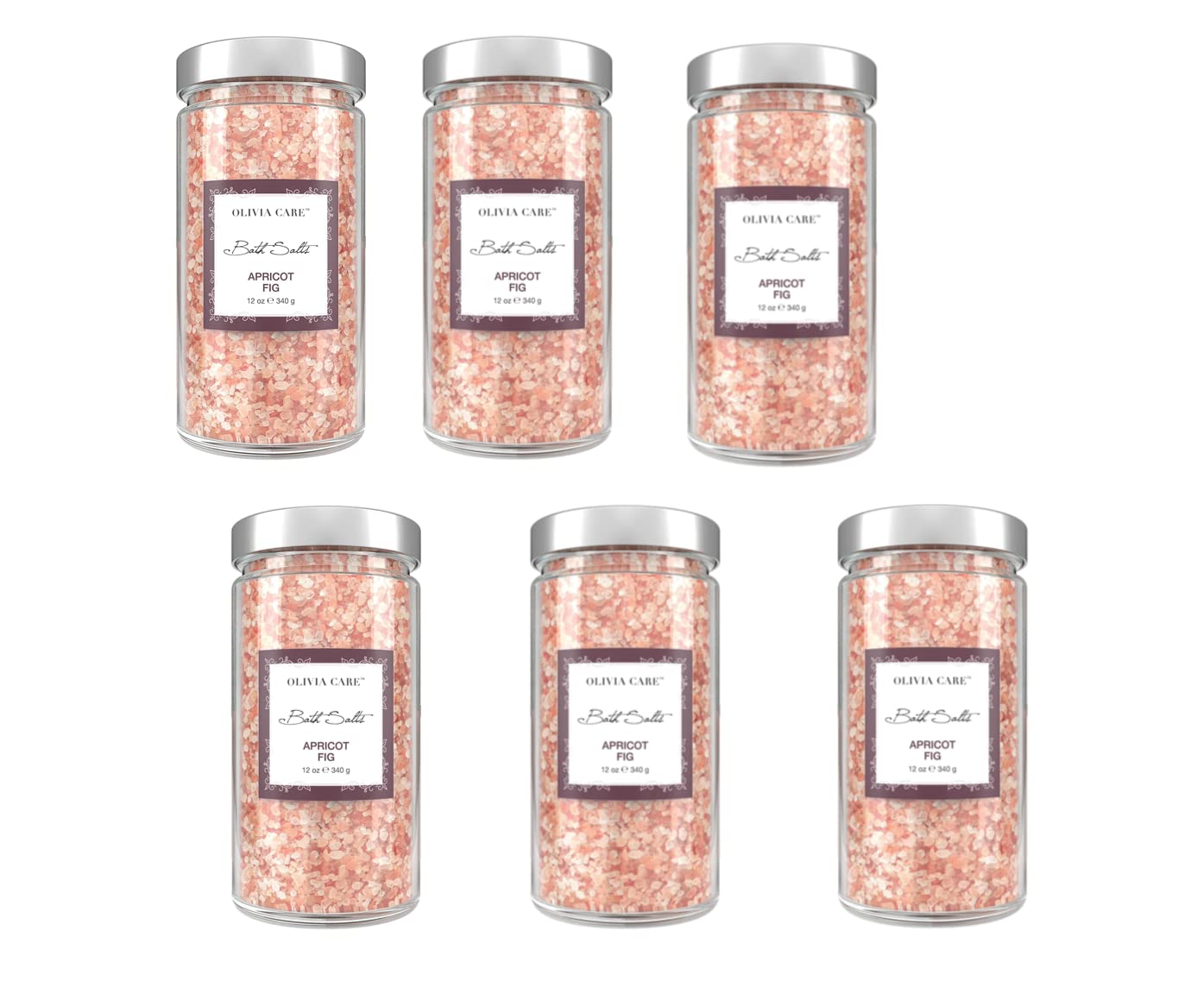 Olivia Care Pink Himalayan Bath Salts - Natural Muscle Relaxation & Skin Soothing | 100% Pure Mineral Salt with Apricot Fig Scent - 12oz (6 Pack) for Spa, Stress Relief & Aromatherapy at Home