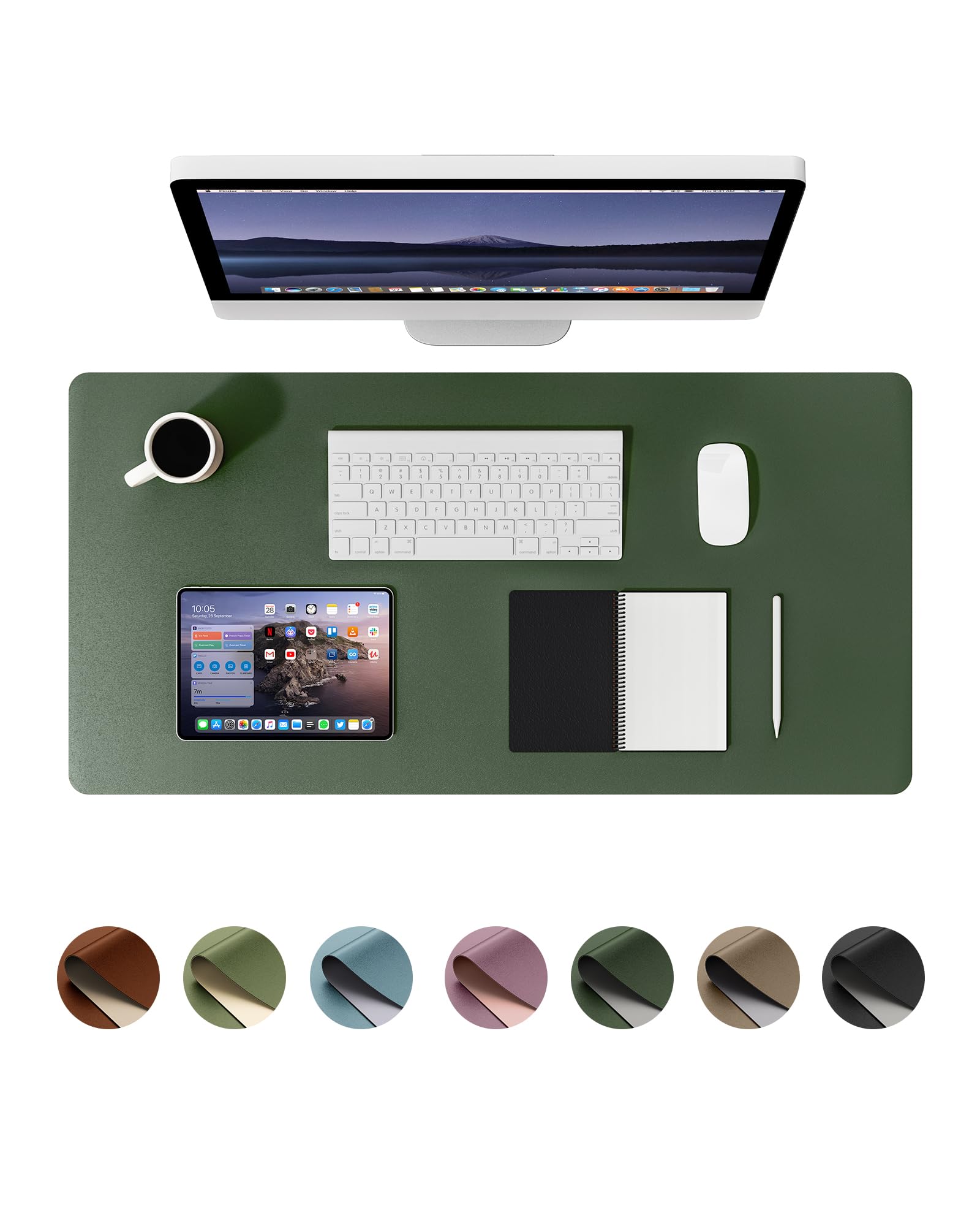 YSAGi Dual-Sided Leather Desk Pad - Large PU Leather Office Desk Mat & Laptop Protector - Waterproof Mouse Pad & Writing Surface for Home & Office (Dark Green + Grey, 23.6