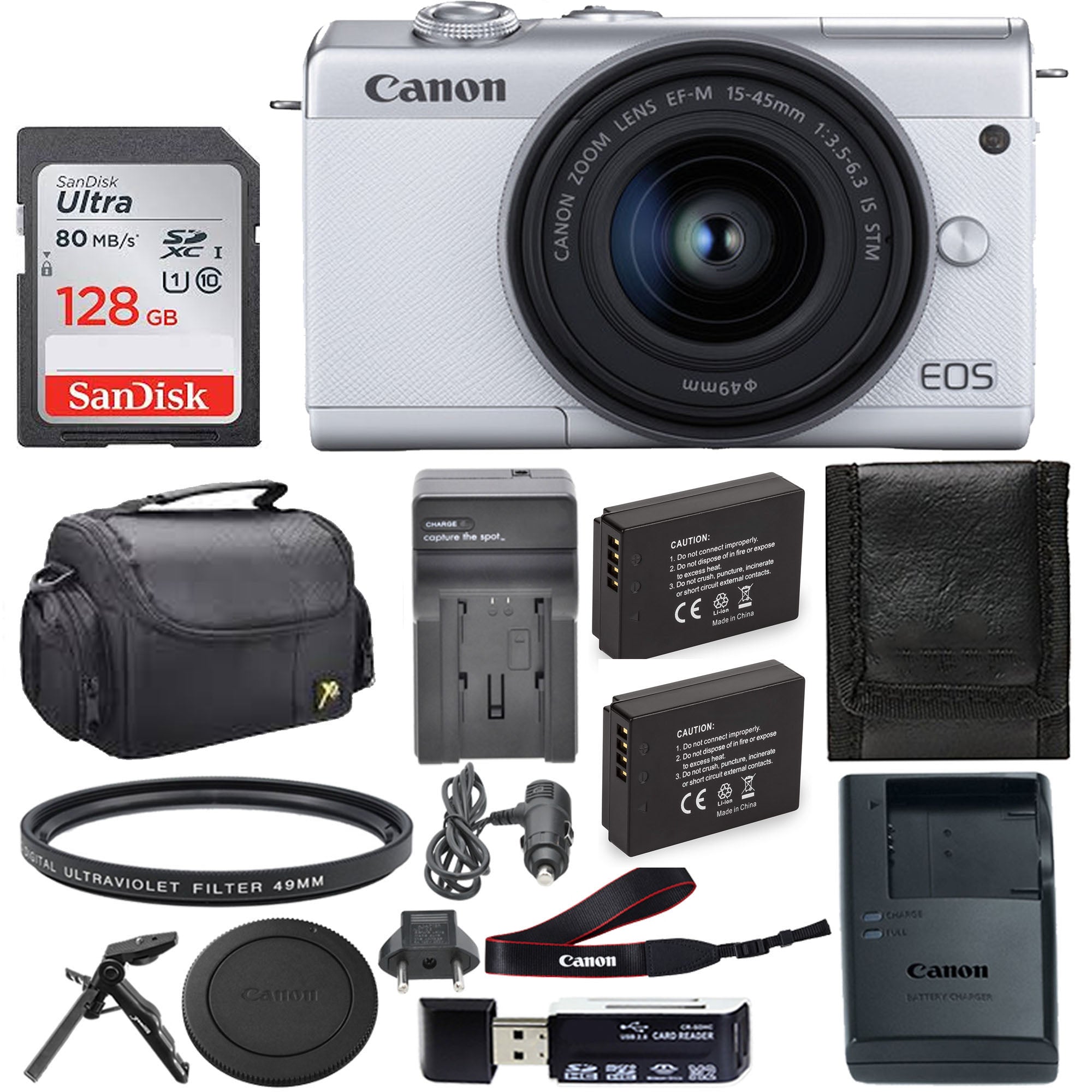 Canon EOS M200 Mirrorless Digital Camera with 15-45mm Lens Kit (White) - Includes Sandisk 128GB SD Card, Tripod, Case & Accessories - Perfect for Vlogging, Travel Photography & Beginners