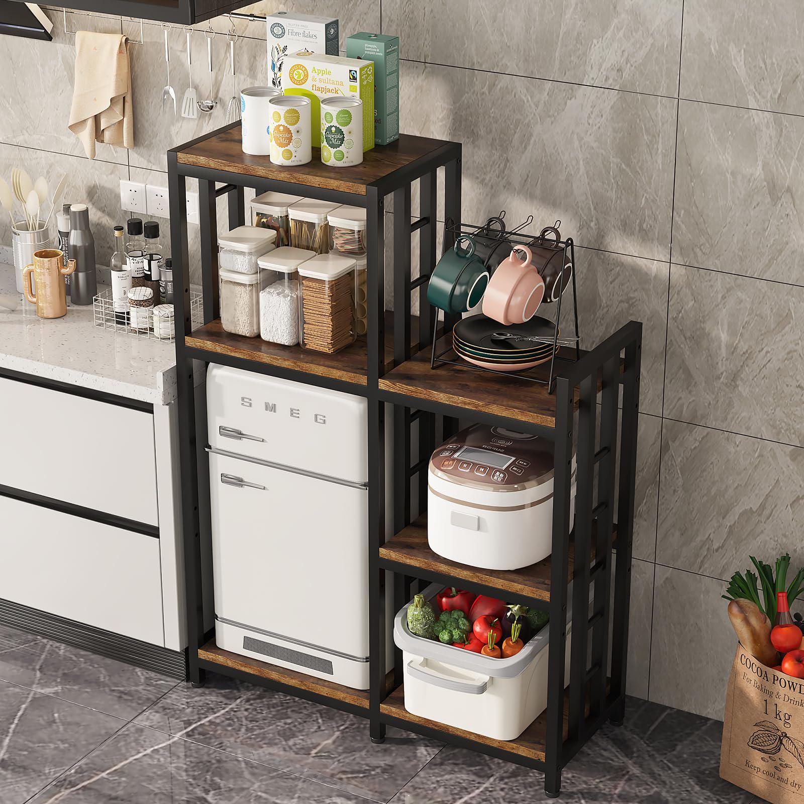 6-Tier Adjustable Height Kitchen Bakers Rack with Storage - Freestanding Microwave Stand, Mini Fridge Organizer & Coffee Bar Station - Rustic Brown for Living Room, Kitchen, or Small Apartment
