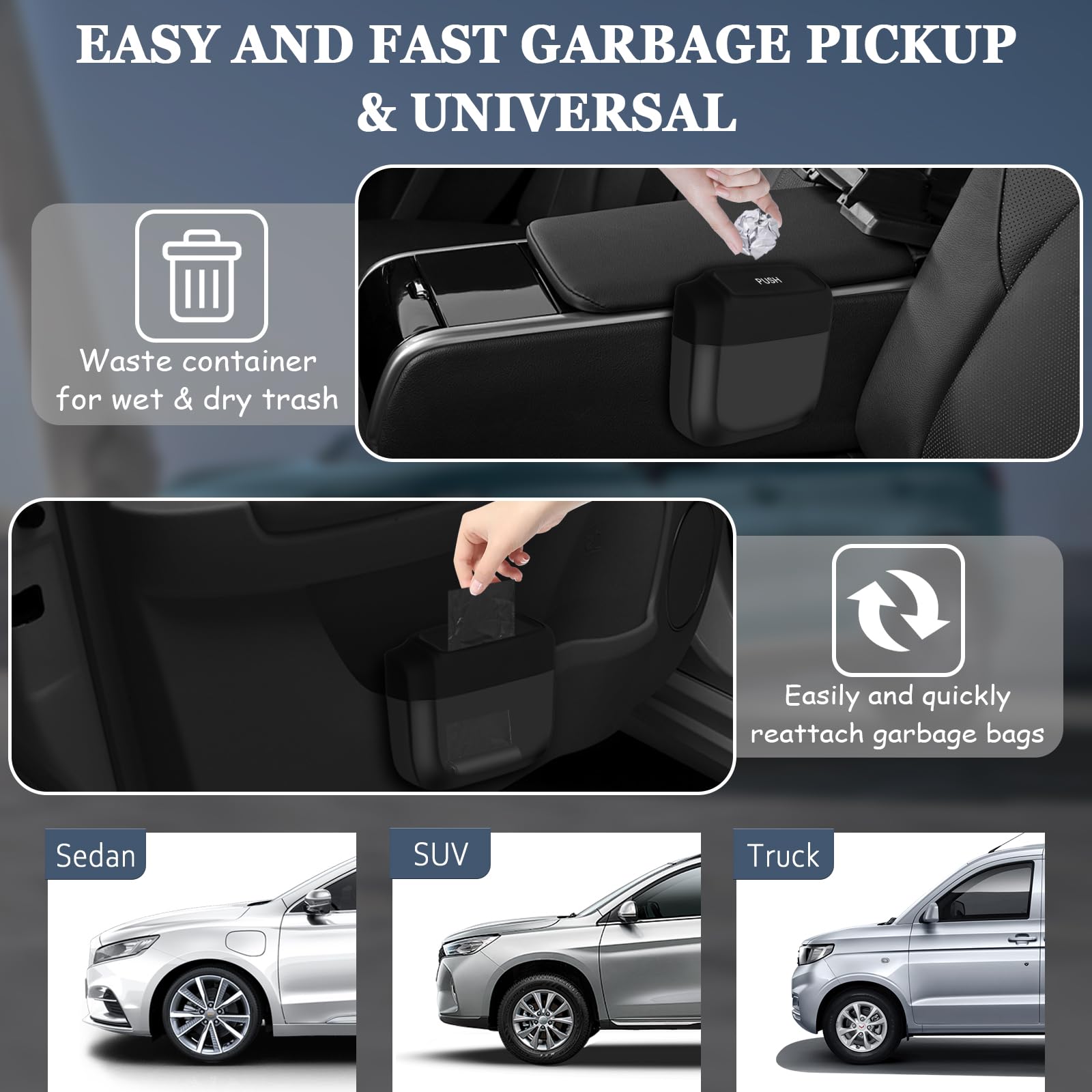 **Leak-Proof Car Trash Can with Lid & 60 Trash Bags – Universal Mini Waste Bin for Vehicles, Office, Home – Organizer & Storage Accessories for Front Seat (Black) – Perfect for Road Trips, Commuting & Travel**