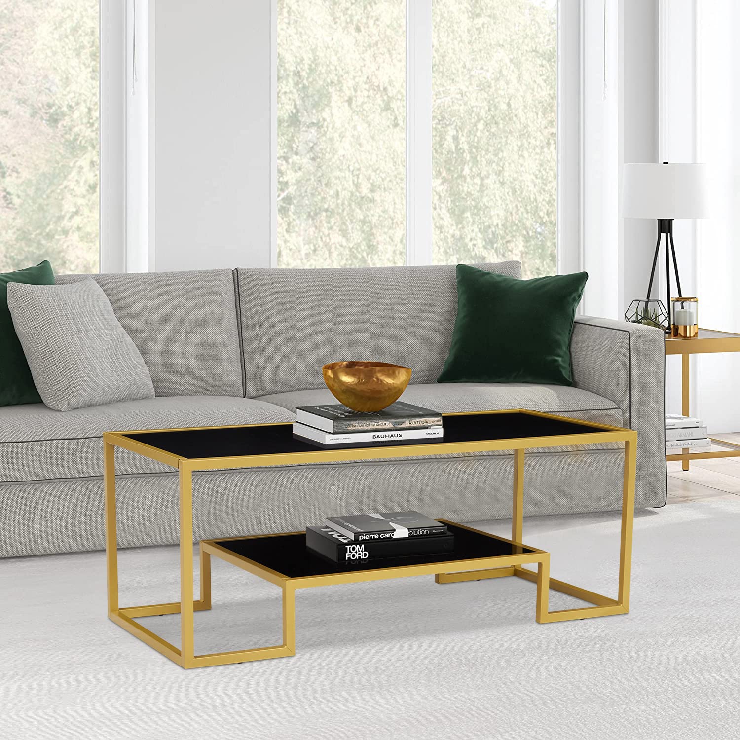 Modern Brass Accent Coffee Table with Storage Shelf - 2-Tier Tempered Glass Center Table for Living Room, Office & Waiting Areas - Black & Gold Finish - Perfect for Small Spaces, Home Decor & Hospitality Settings