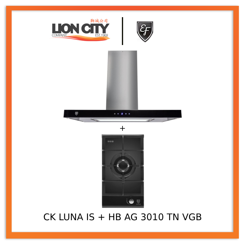 90cm Island Hood with 30cm Single Burner Gas Hob - EF CK LUNA IS & HB AG 3010 TN VGB - Perfect for Modern Kitchen & Open-Plan Living Spaces