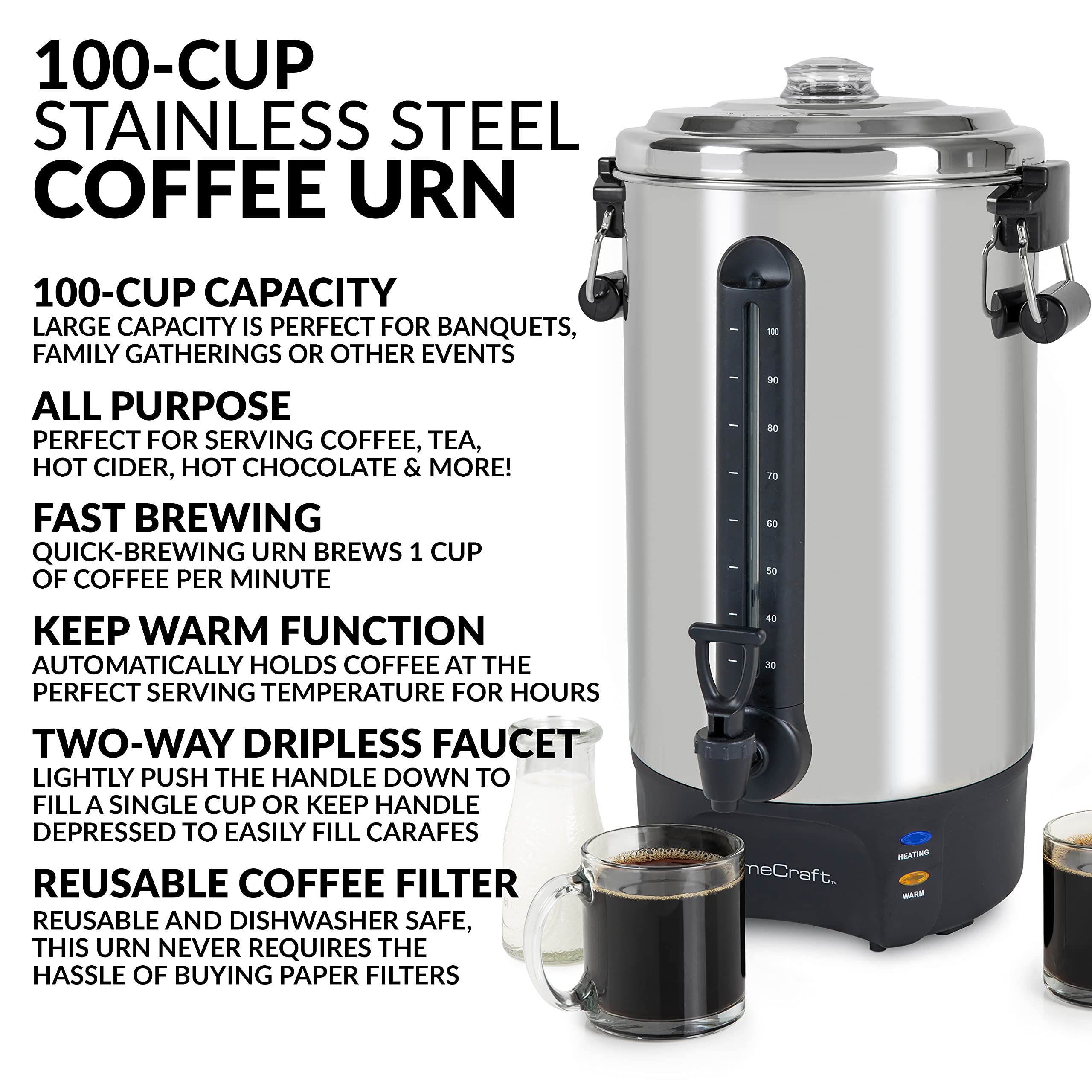 Homecraft 100-Cup Stainless Steel Coffee Urn & Hot Beverage Dispenser - Dripless Faucet, Fast Brewing - Perfect for Large Gatherings, Parties & Catering Events
