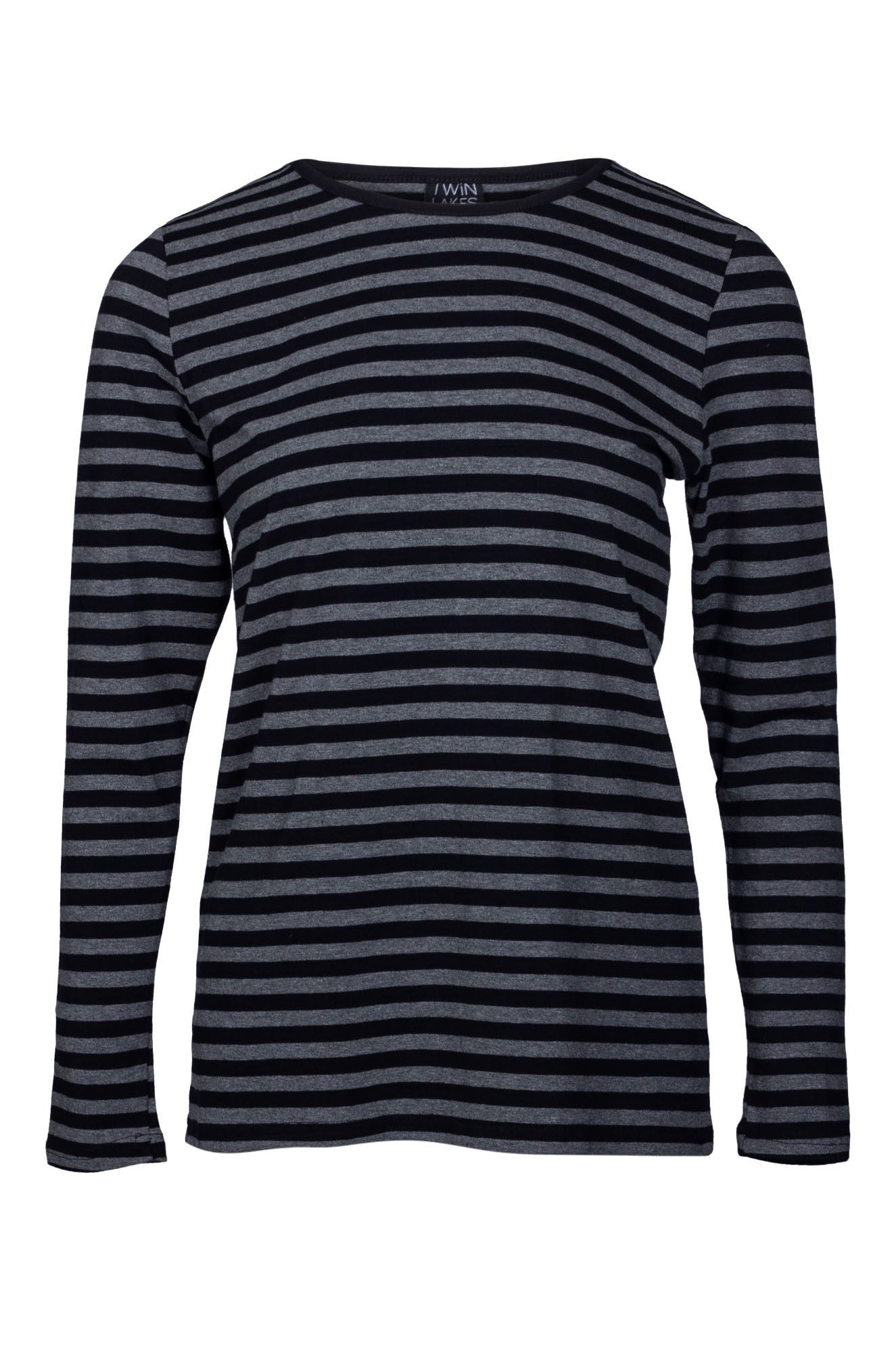 Stripe Crew Neck Top for Women - Soft Cotton Blend T-Shirt in Black Charcoal | Casual Everyday Wear & Layering Essential