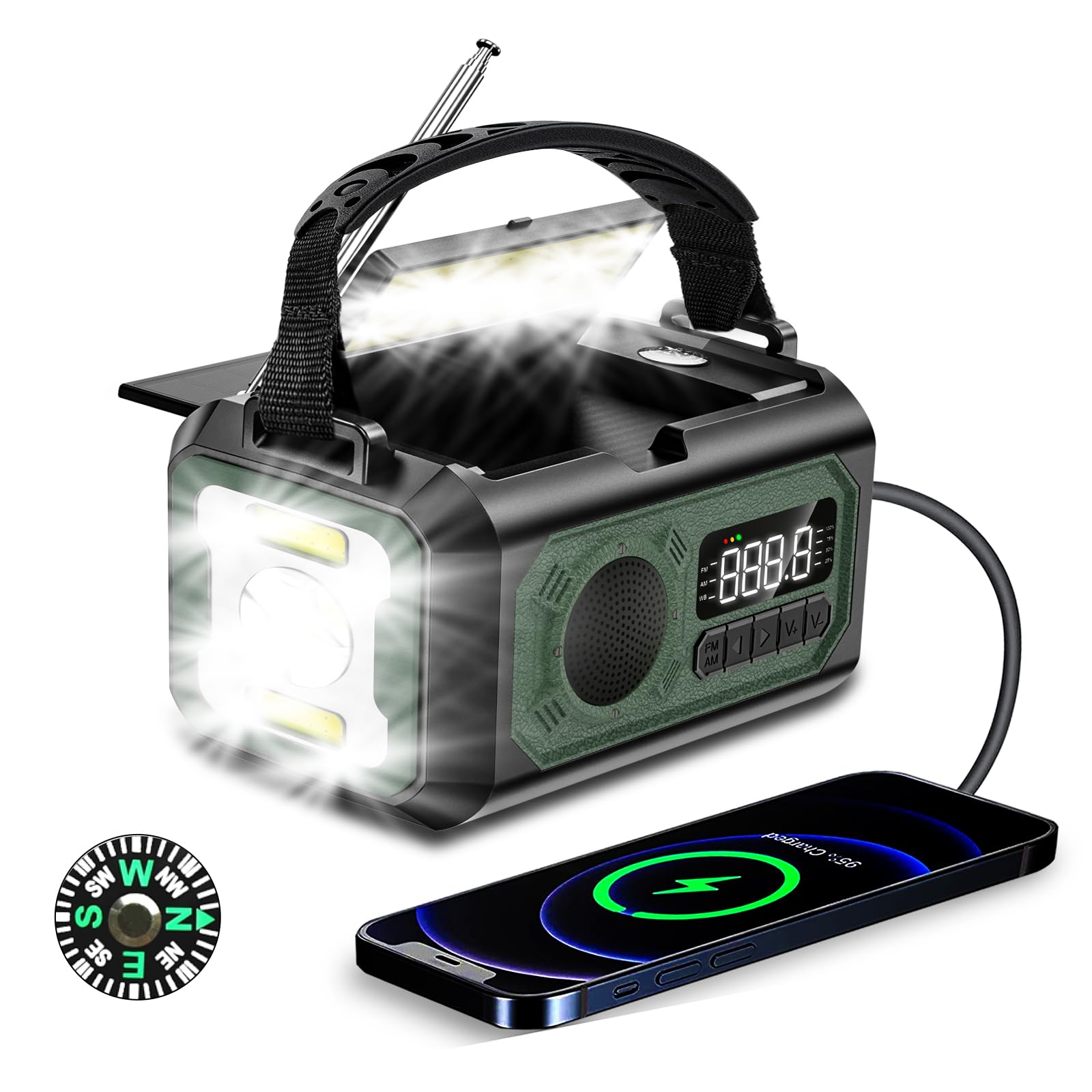 12000mAh Solar Powered Emergency Weather Radio with NOAA Alerts - AM/FM/NOAA Weather Radio, 2 Solar Panels, USB Charging Port, SOS Alarm, Flashlight, Phone Charger, Compass & Reading Lamp - Perfect for Camping, Hiking and Emergency Preparedness