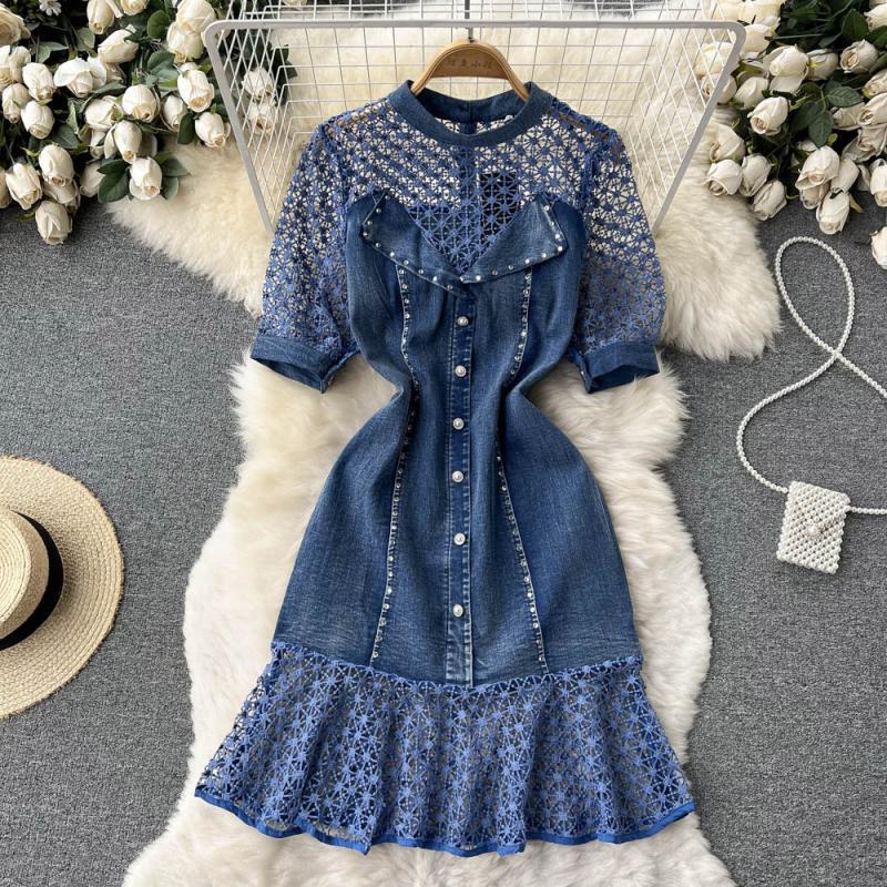 Elegant Beaded Round Neck Lace Stitching Denim Mermaid Dress with Short Sleeves - Perfect for Evening Parties, Weddings & Special Occasions