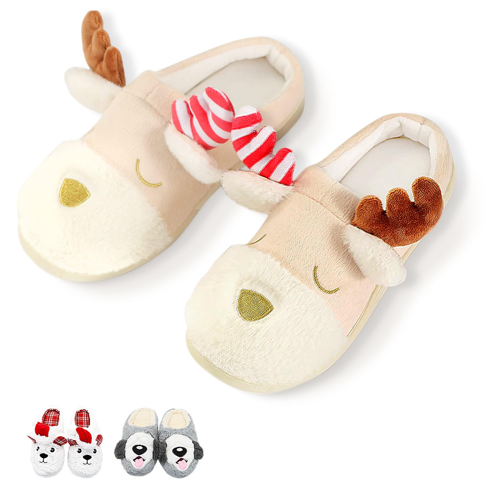 Cozy Fuzzy Animal Slippers for Women & Kids - Non-Slip Memory Foam Winter House Shoes | Cute Christmas Dog, Puppy, Polar Bear & Reindeer Slippers for Indoor, Bedroom & Lounge Wear
