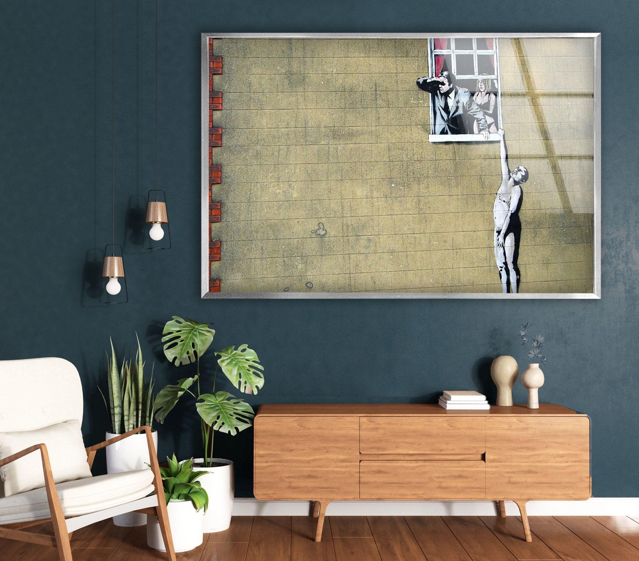 Banksy Well Hung Lover Glass Wall Art - Modern Street Art Home Decor for Living Room, Bedroom & Office - Unique Gift for Art Lovers