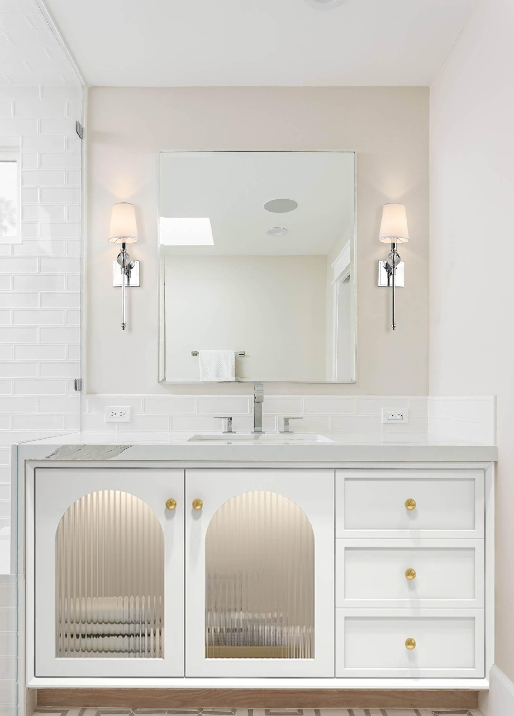 XiNBEi Modern Wall Light Set of 2 - White Fabric Shade & Chrome Finish with Crystal Ball Accent - Bedroom, Bathroom Vanity, Living Room, Corridor, Kitchen Lighting - Perfect for Ambient & Task Lighting in Home Decor