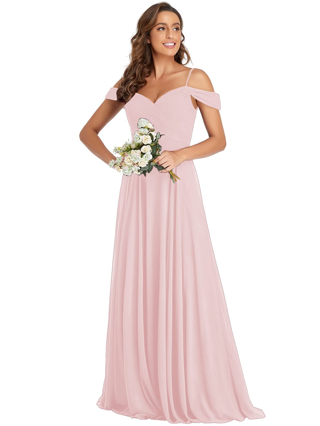 MARSEN Pink Long Chiffon Bridesmaid Dress - Off Shoulder Formal Gown for Wedding, Prom & Party - Size 14 - Elegant Evening Wear for Special Occasions