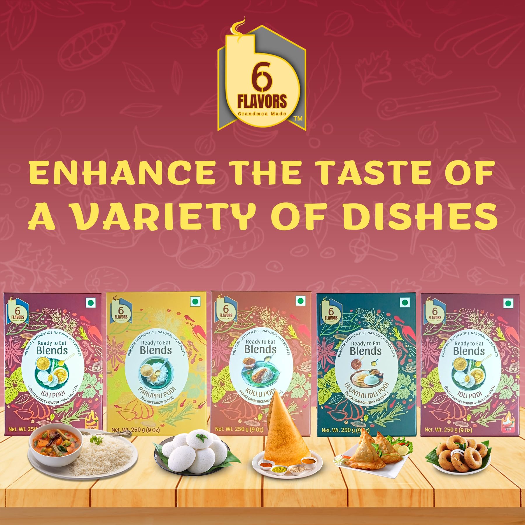 6 Flavors Idli Podi Chutney Powder - 250g Spicy Chili (Level 2/4) | Antioxidant-Rich, Vegan & Gluten-Free South Indian Seasoning | No Onions, Garlic or Preservatives | Perfect for Idli, Dosa, Rice & Snacks | Authentic Indian Spice Blend for Home Cooking