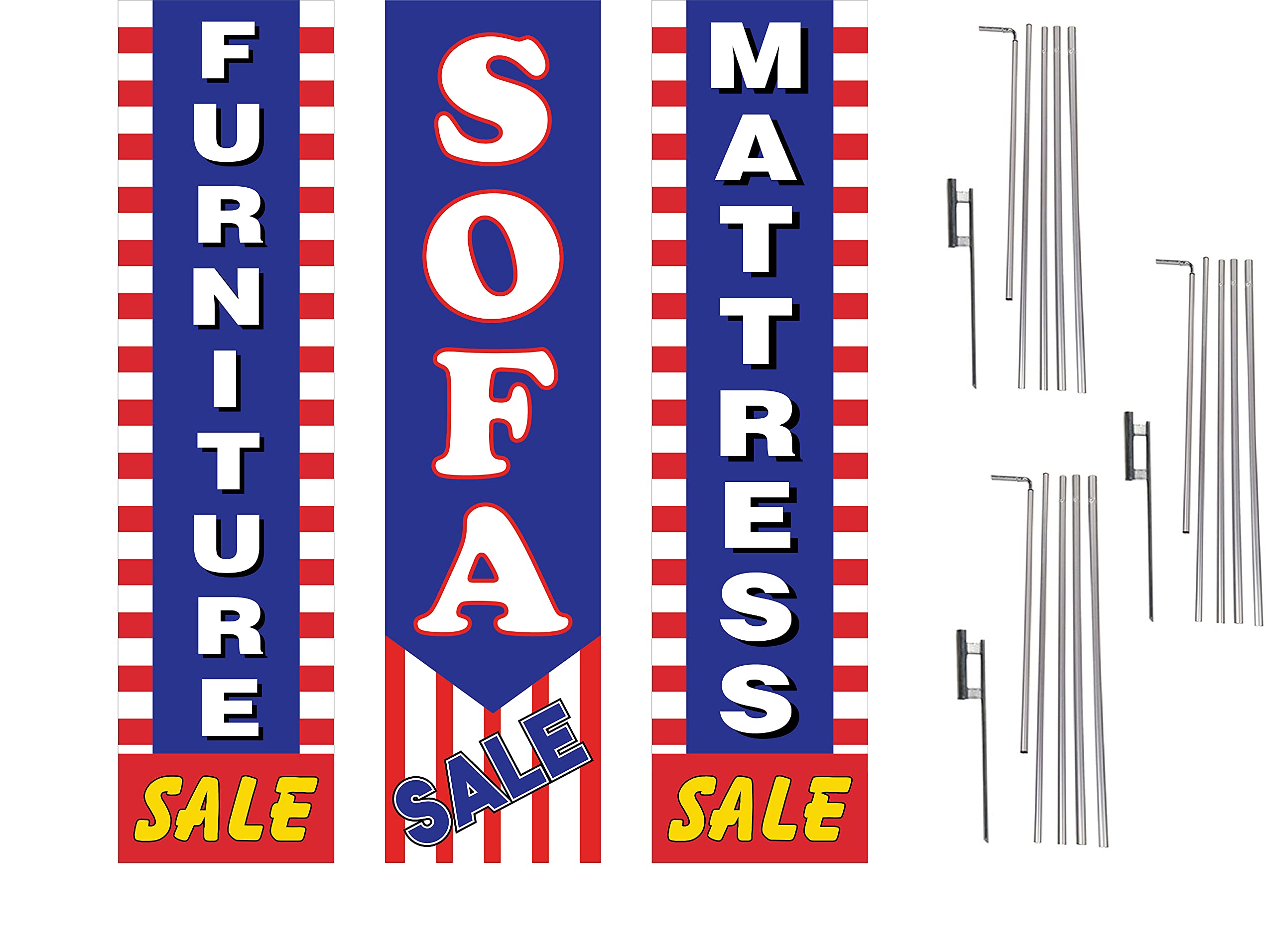 Premium Rectangle Boomer Feather Flags Complete Kit - 3 Flag Poles & Ground Spikes for Furniture Store Sofa Mattress Sale Advertising | Outdoor Retail Marketing, Grand Openings, Trade Shows