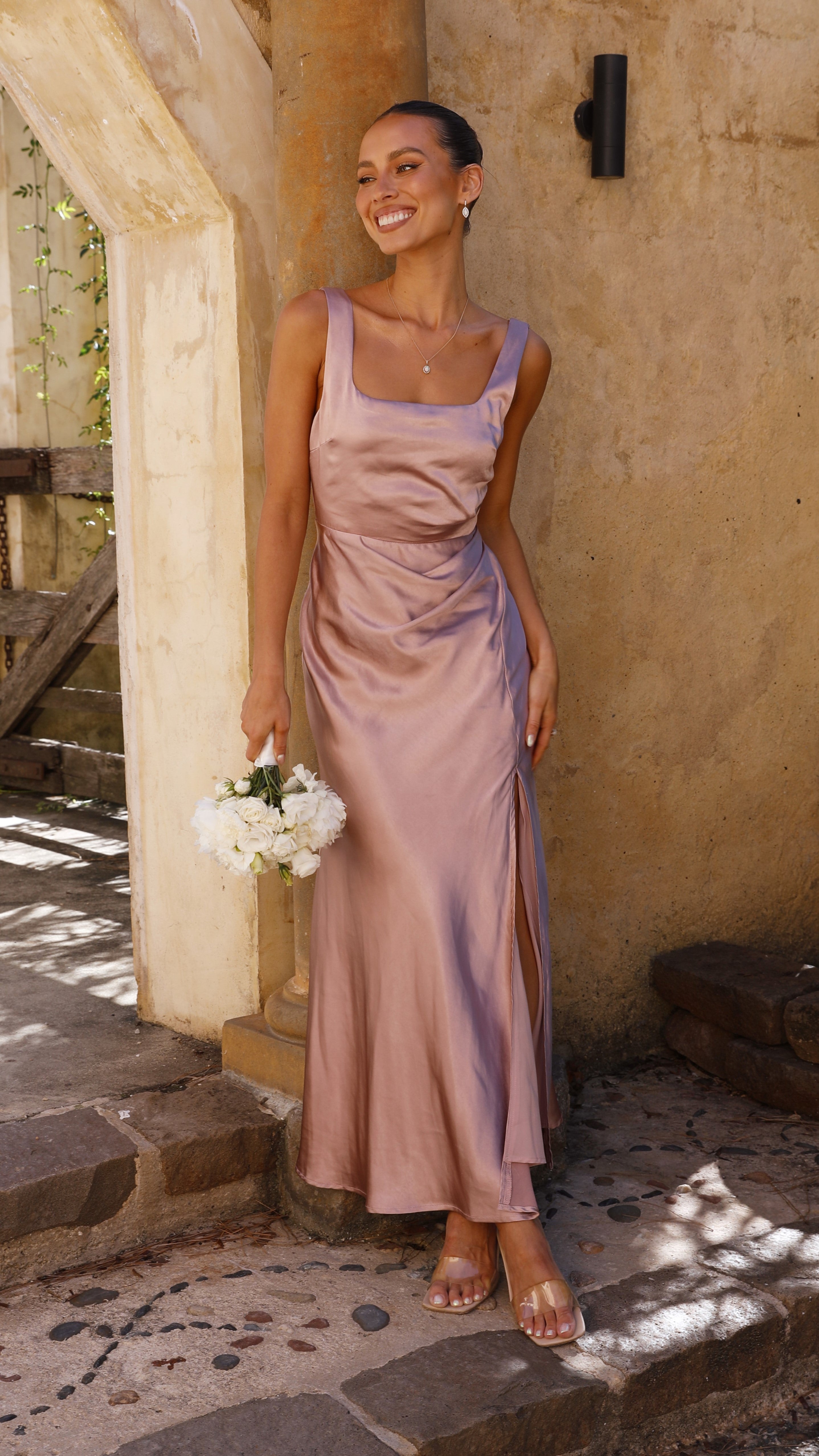 Alaria Maxi Dress for Women - Elegant Dusty Pink Flowy Long Dress for Summer, Beach, Wedding & Special Occasions
