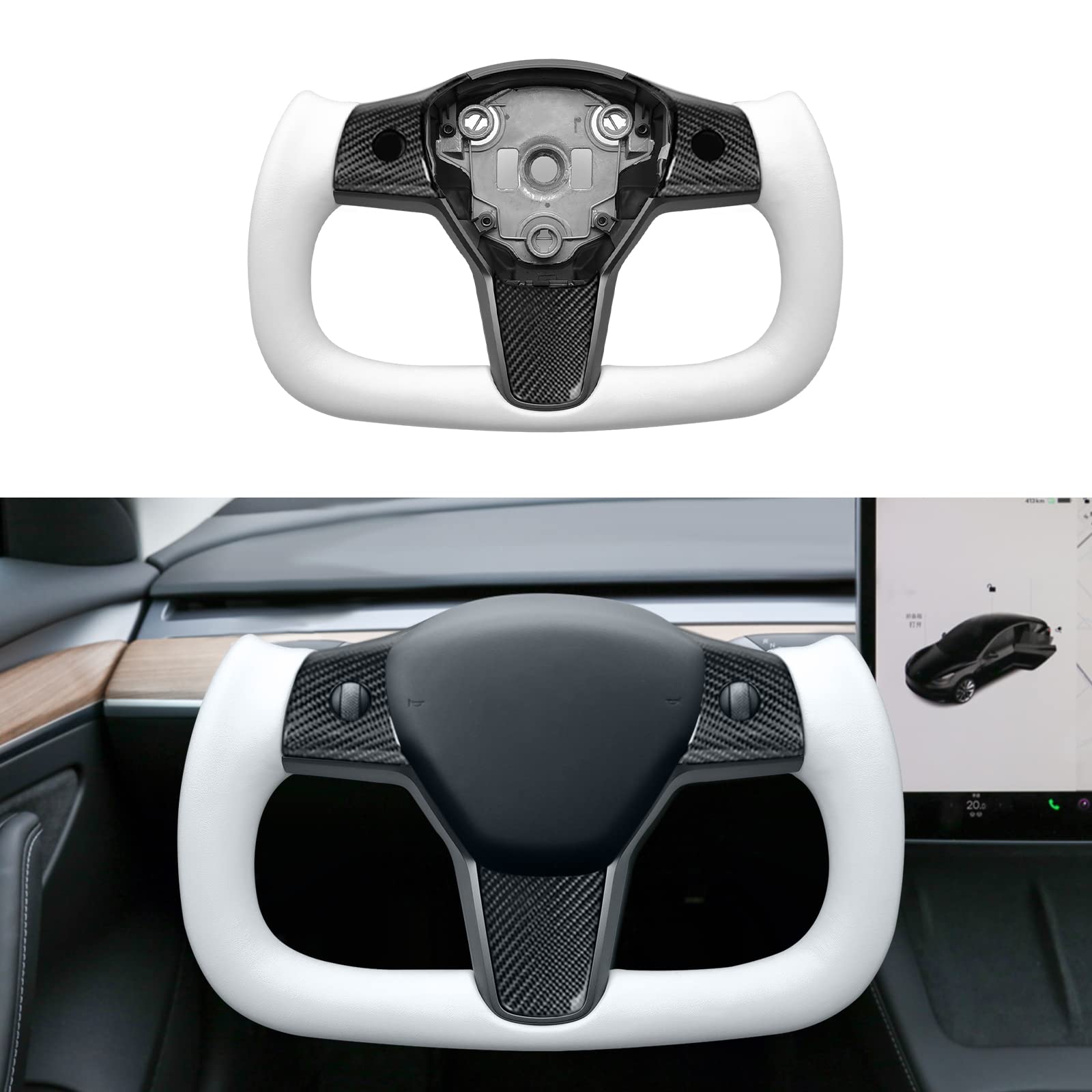 YAMUDA Carbon Fiber Steering Wheel for Tesla Model 3 & Y (All Years) - White Aircraft Disc Square Design - Perfect for Racing, Custom Car Mods & Luxury Interior Upgrades