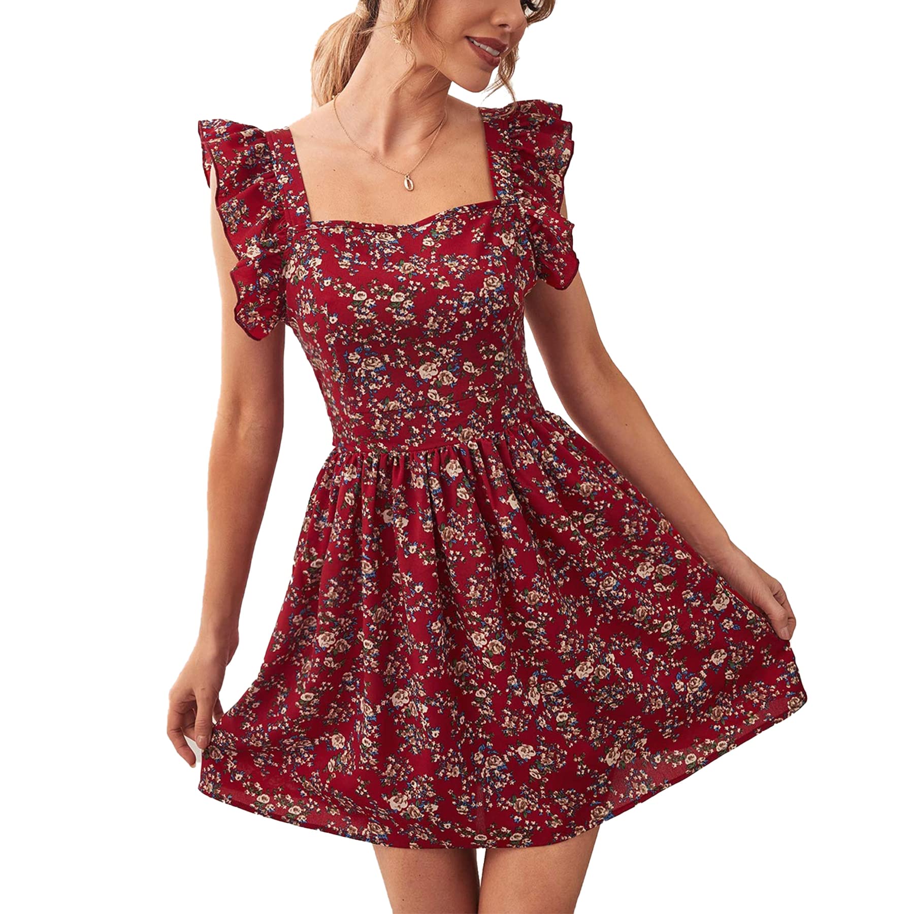 HDN Women's Cute Lace Up Ruffle A-Line Flared Short Dress - Sleeveless Casual Flowy Summer Dress for Date Night & Beach Vacation