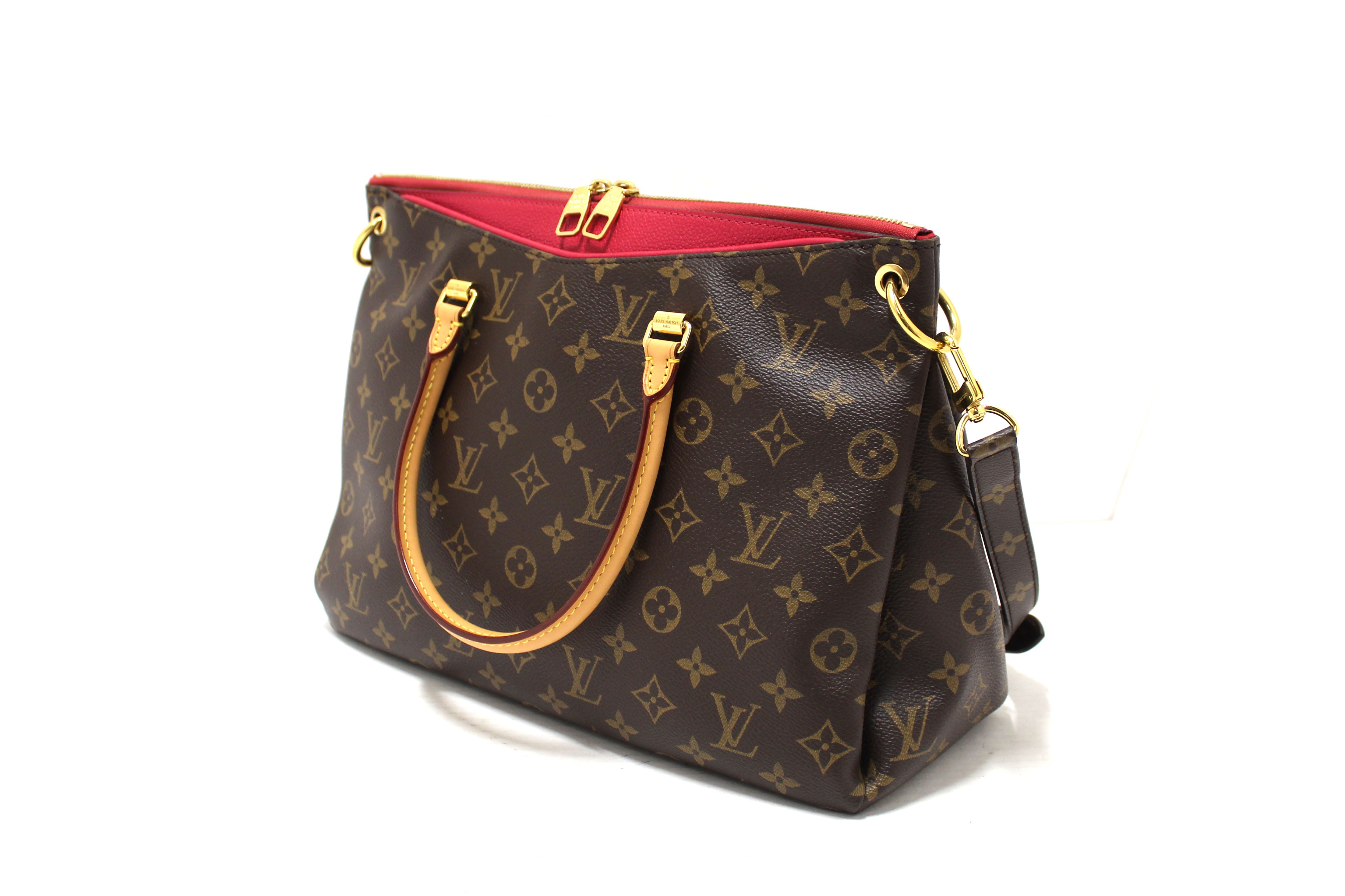 Authentic Louis Vuitton Pallas MM Handbag - Classic Monogram with Fuchsia Calfskin Leather | Luxury Designer Purse for Women, Perfect for Work, Travel & Evening Events